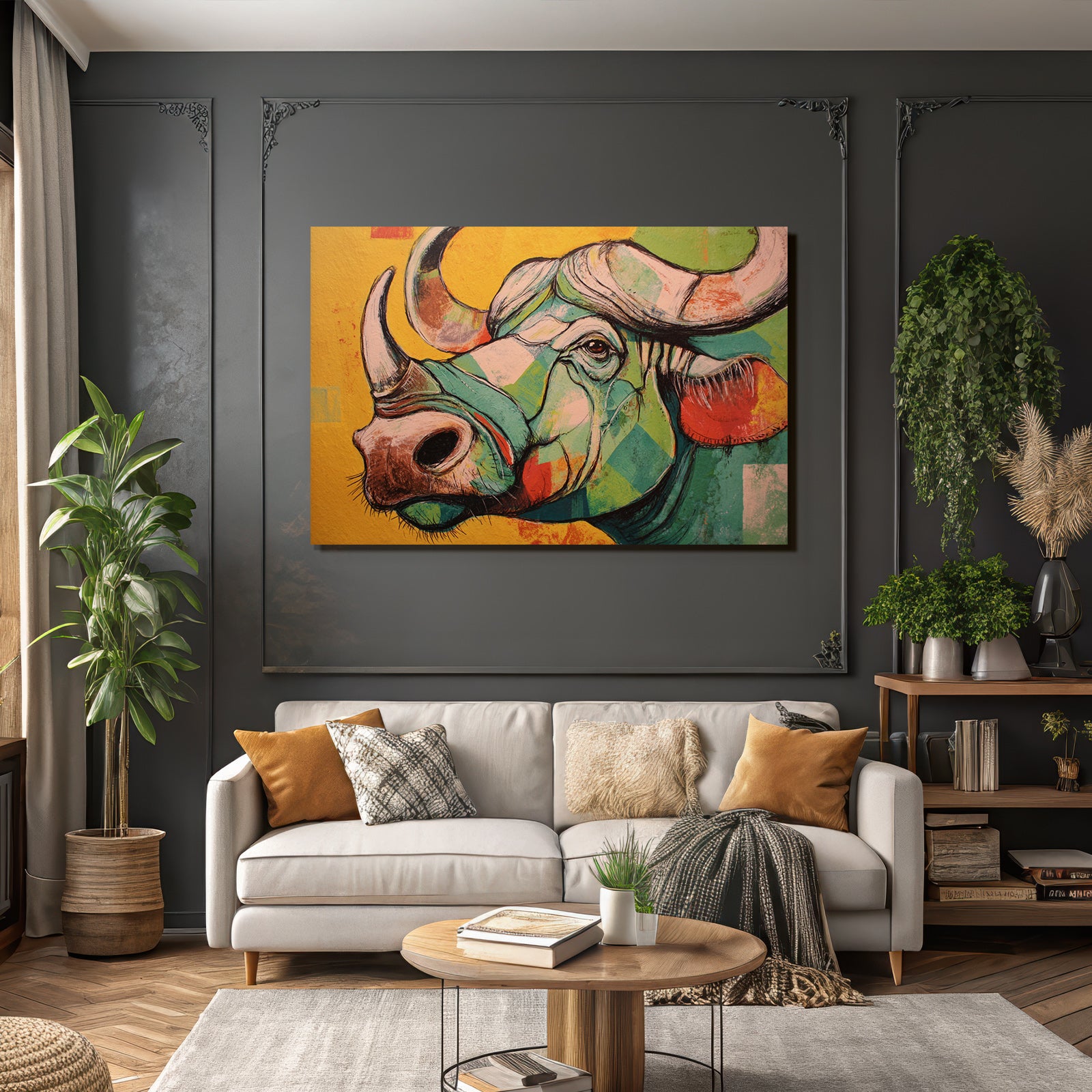 Bunte Geometrische Bullenillustration Vor Gelbem Hintergrund