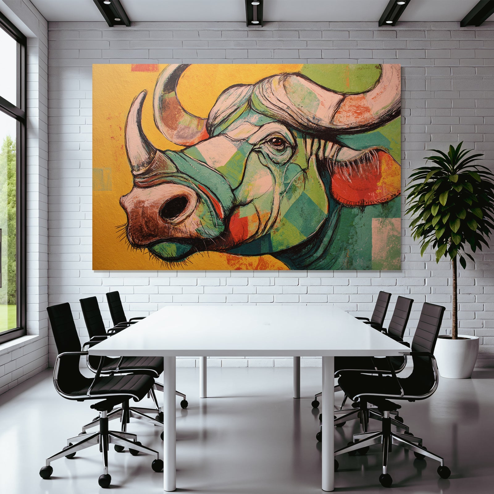 Bunte Geometrische Bullenillustration Vor Gelbem Hintergrund