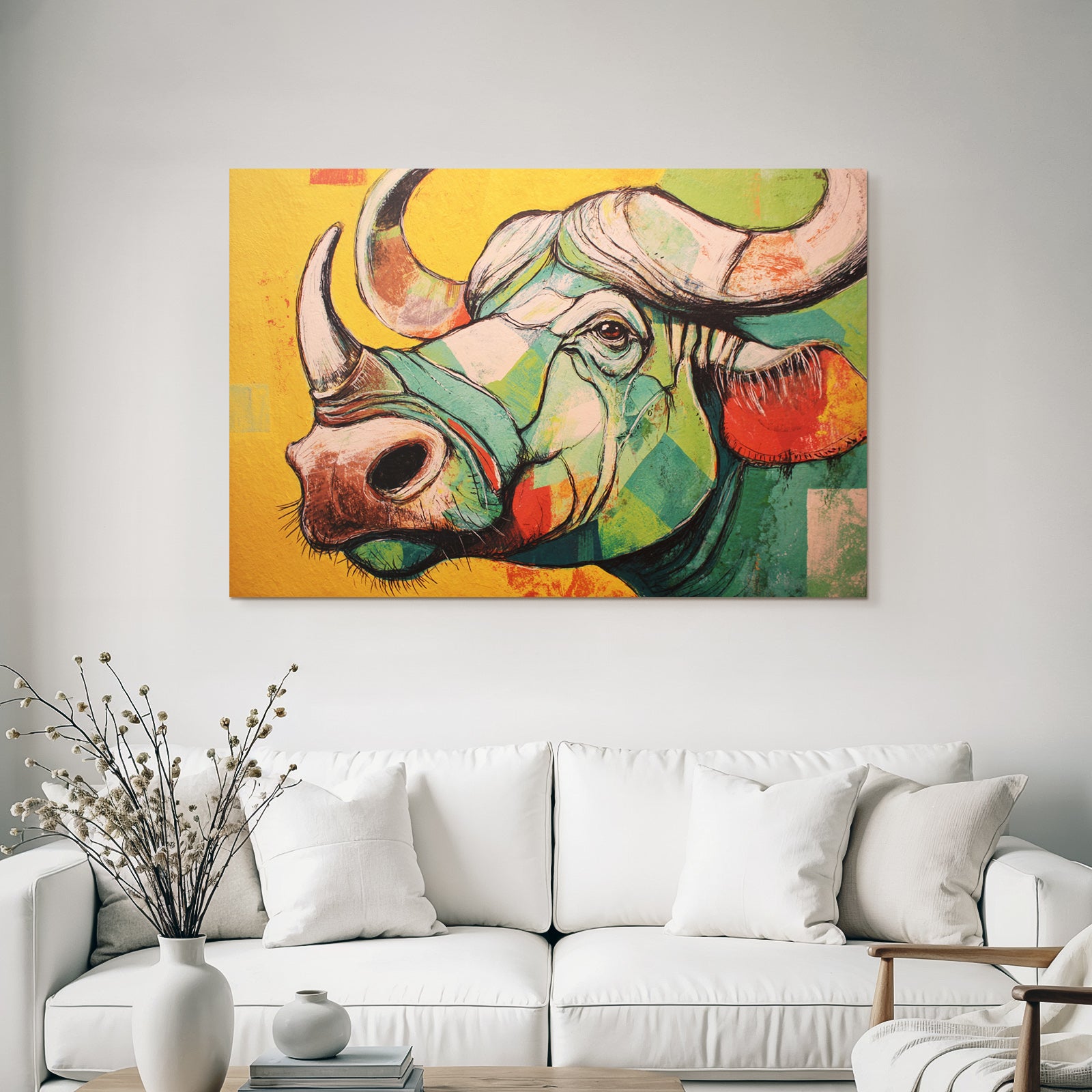 Bunte Geometrische Bullenillustration Vor Gelbem Hintergrund
