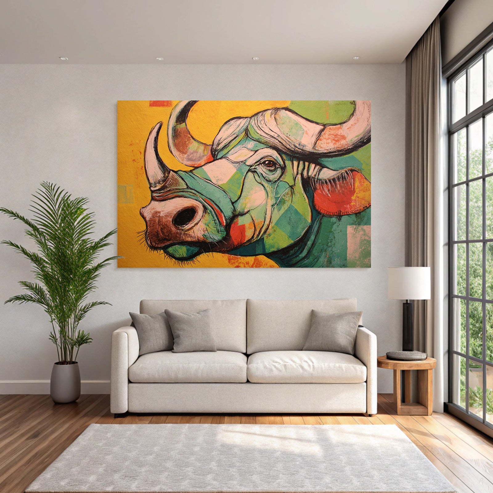Bunte Geometrische Bullenillustration Vor Gelbem Hintergrund