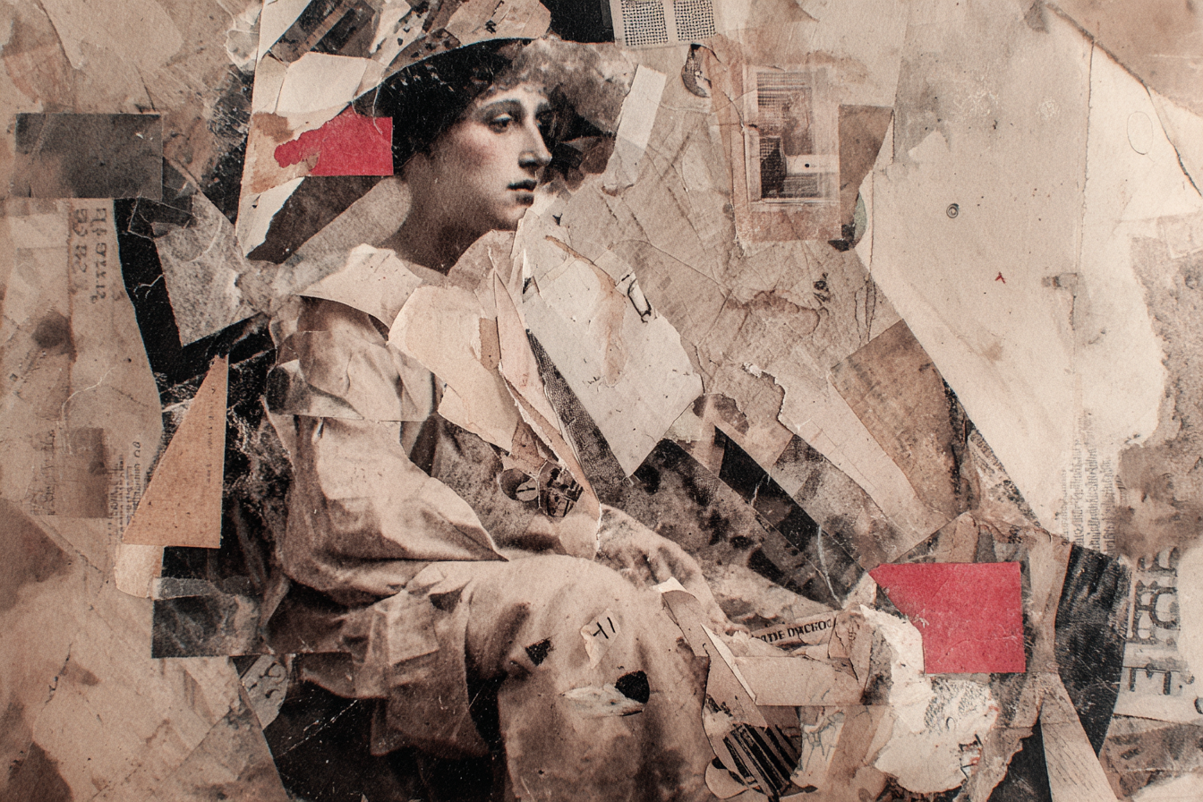 Mixed Media Kollage Fraünporträt Umgeben Von Chaotischen Papierfragmenten | Expressionismus | Stilrichtungen