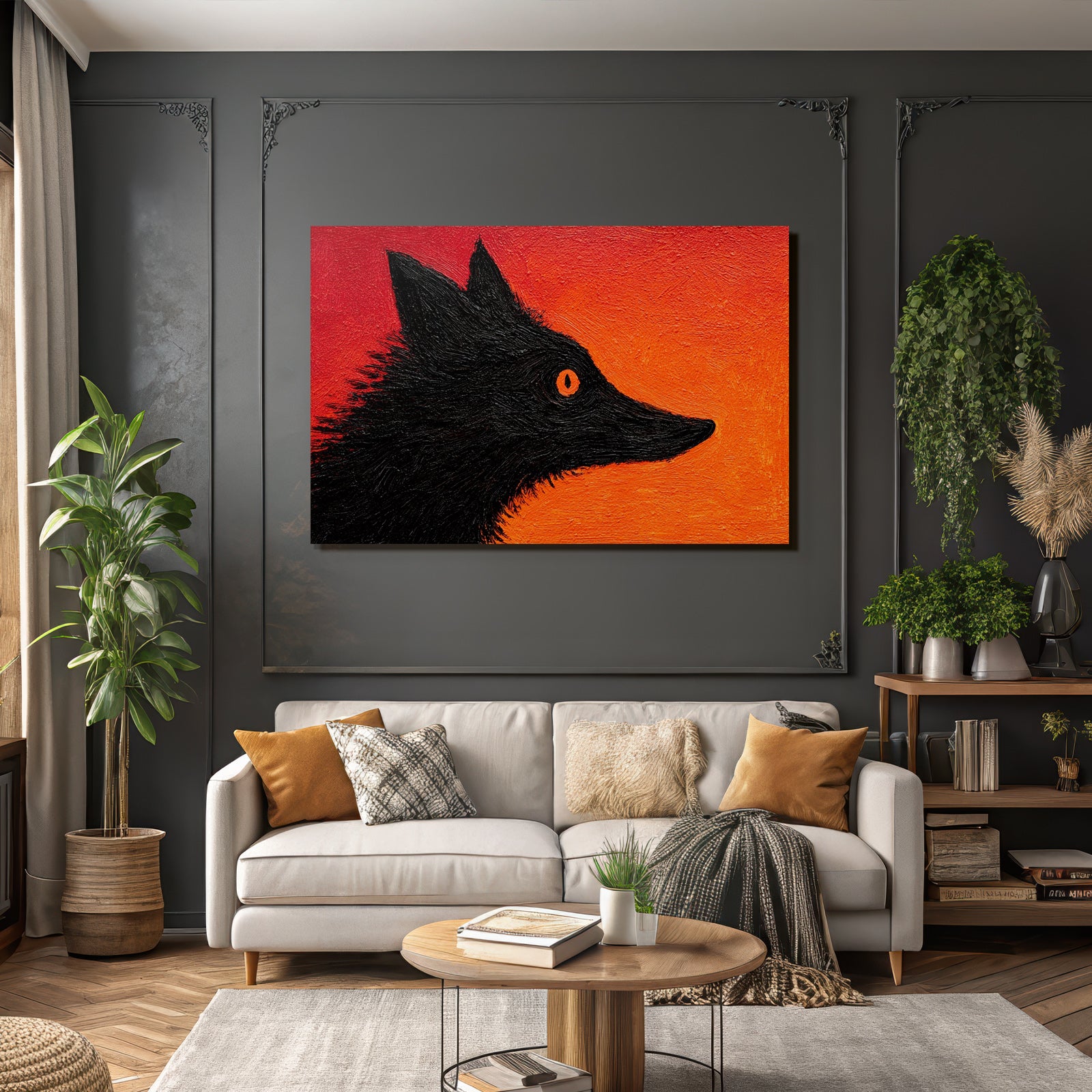 Roter Orange Hintergrund Mit Wolfsilhoütte
