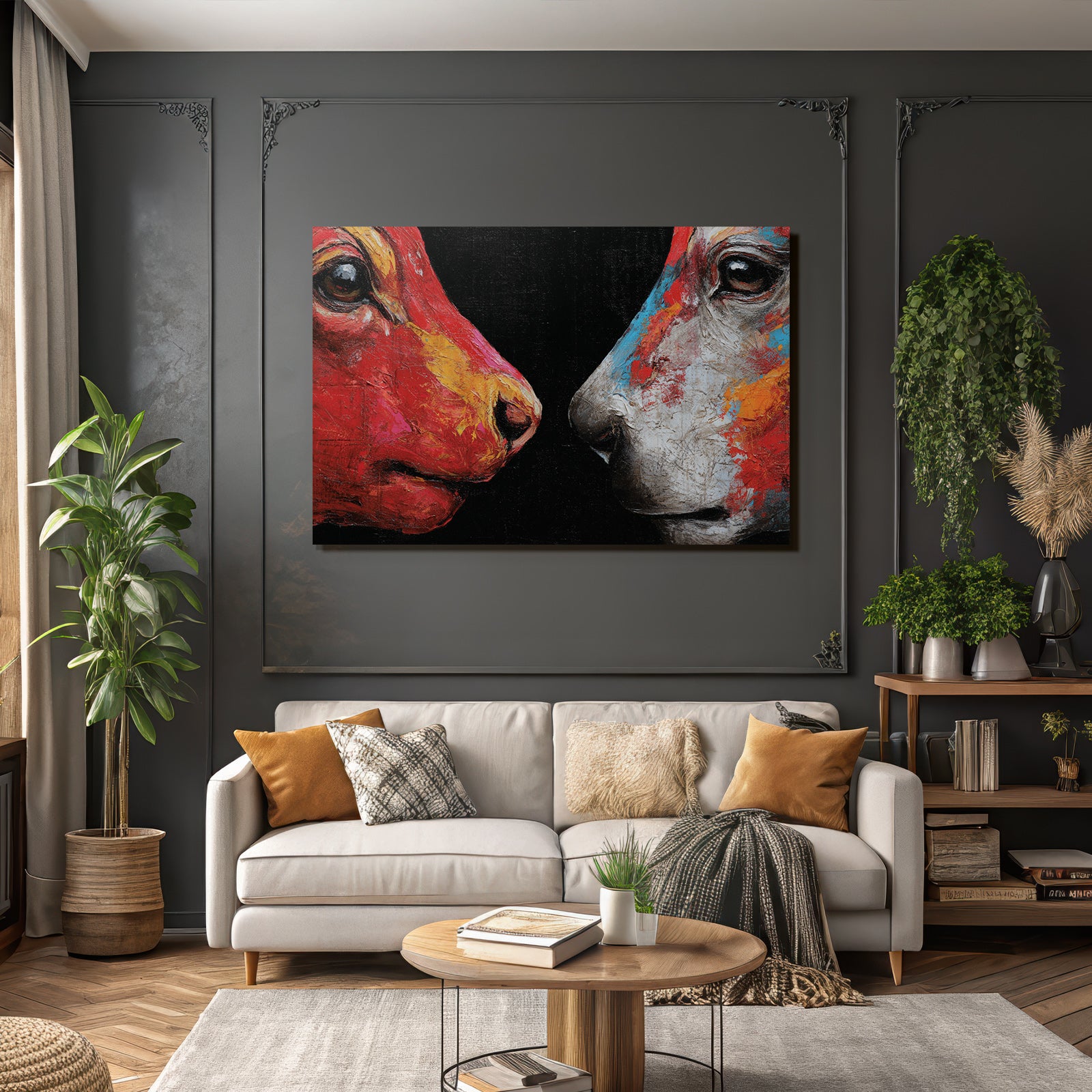 Zwei Hundeköpfe Als Abstraktes Farbenfrohes Kunstwerk Auf Dunklem Hintergrund