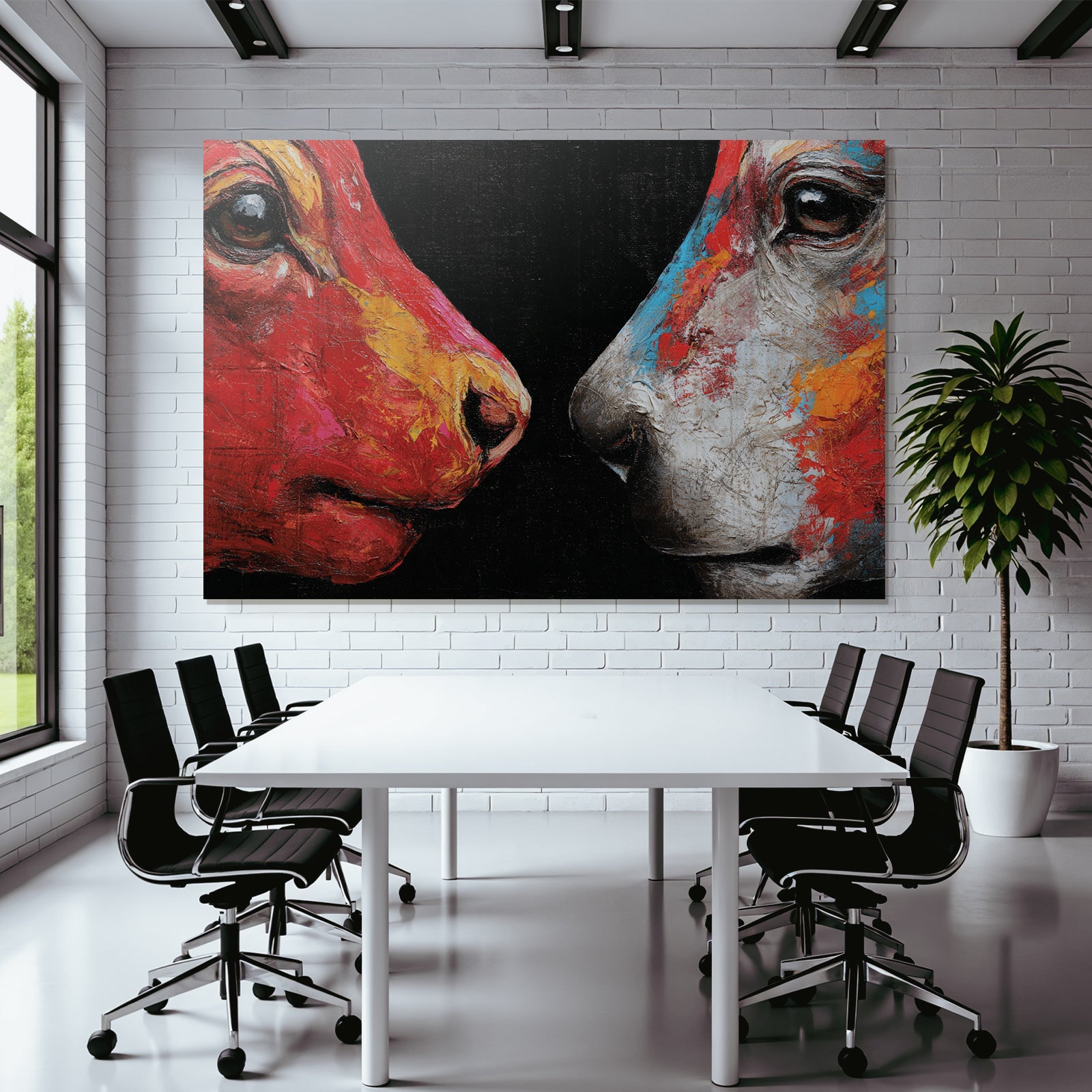 Zwei Hundeköpfe Als Abstraktes Farbenfrohes Kunstwerk Auf Dunklem Hintergrund