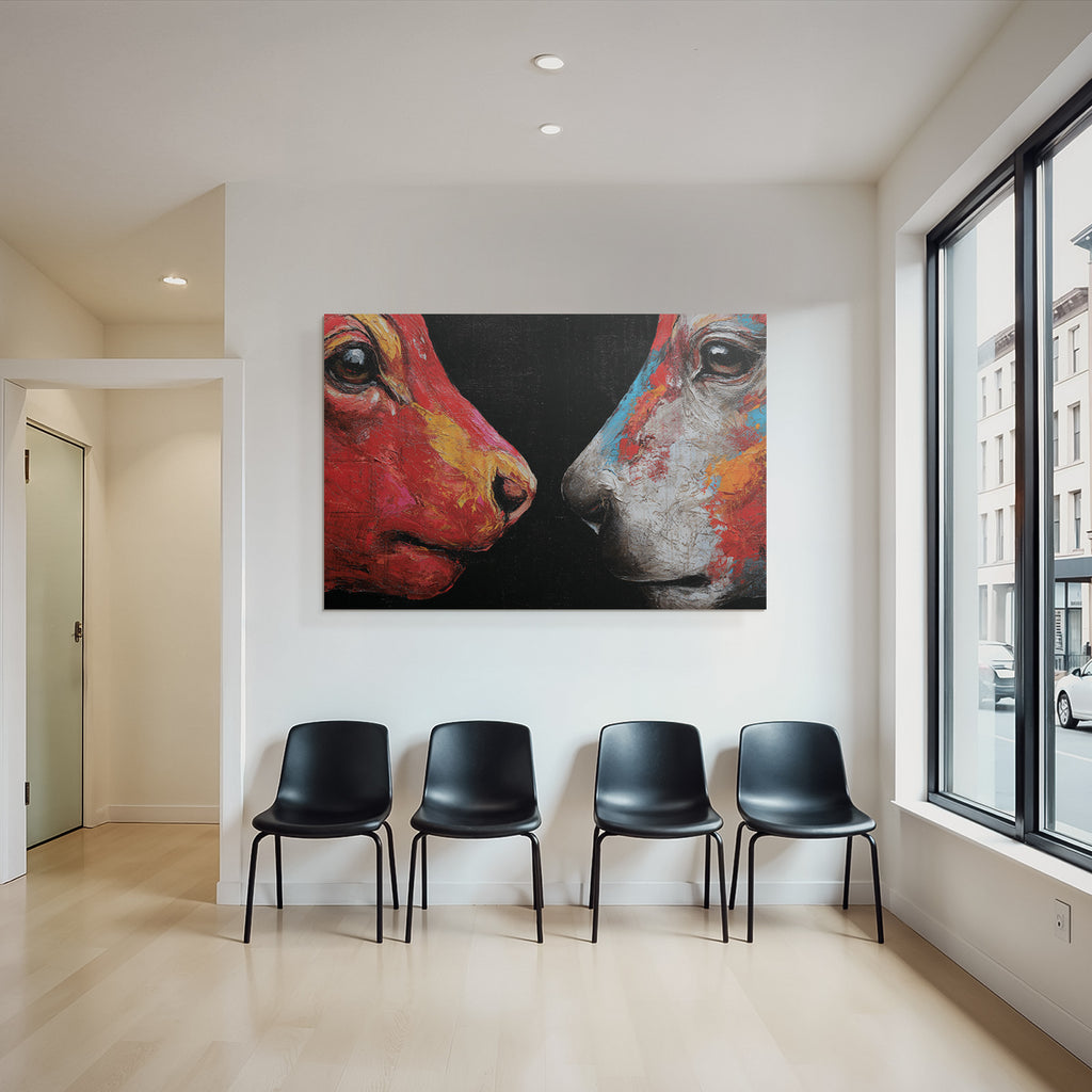Zwei Hundeköpfe Als Abstraktes Farbenfrohes Kunstwerk Auf Dunklem Hintergrund
