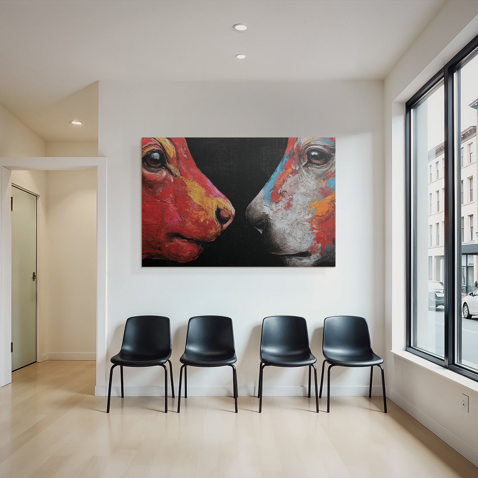 Zwei Hundeköpfe Als Abstraktes Farbenfrohes Kunstwerk Auf Dunklem Hintergrund