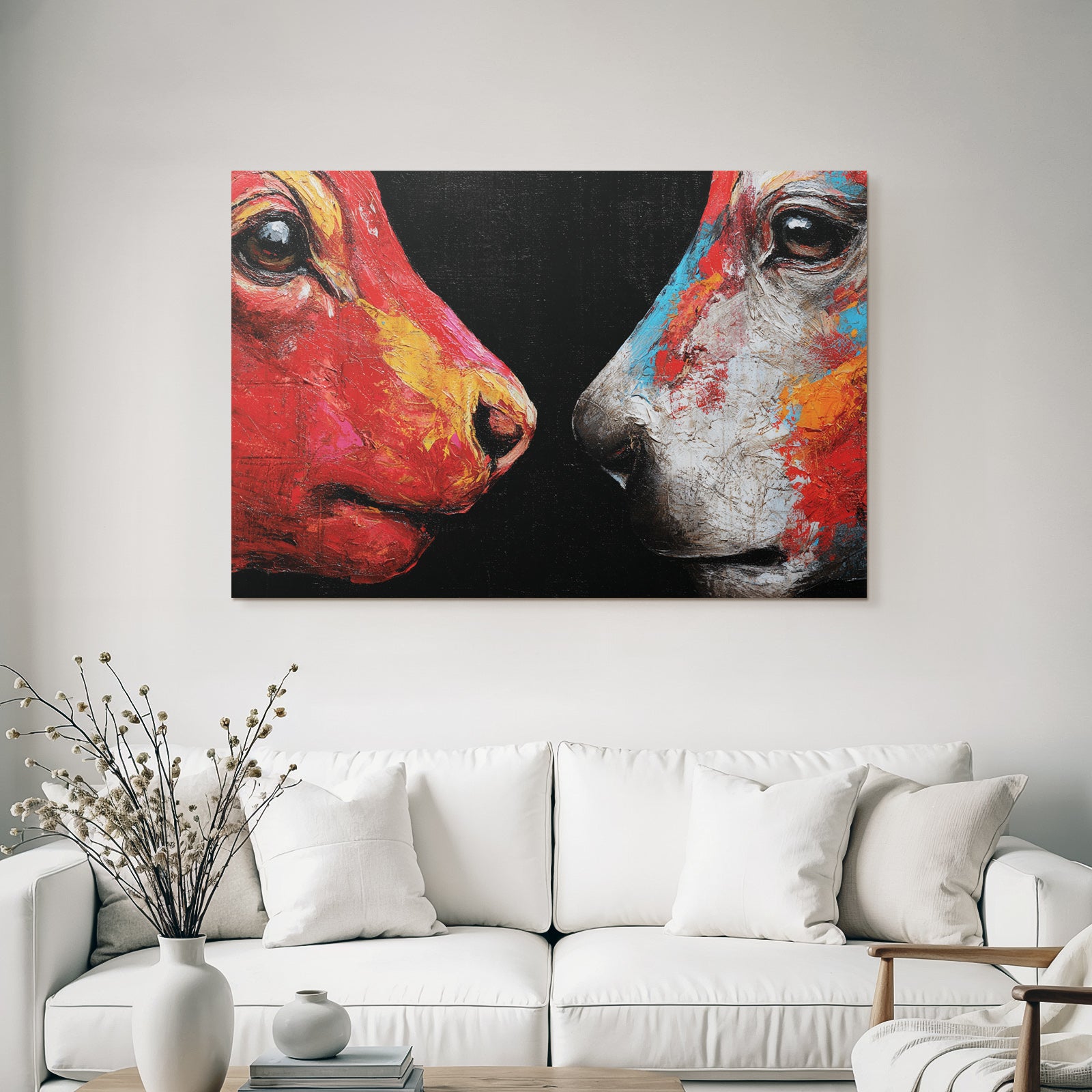 Zwei Hundeköpfe Als Abstraktes Farbenfrohes Kunstwerk Auf Dunklem Hintergrund