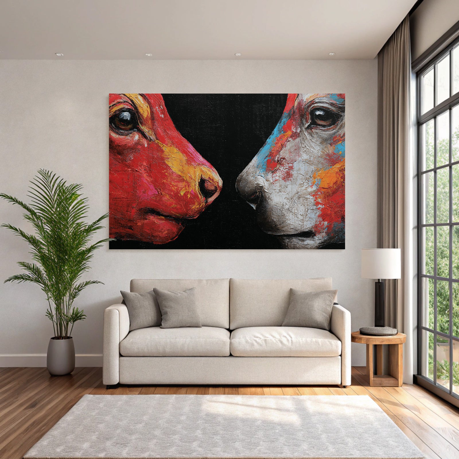 Zwei Hundeköpfe Als Abstraktes Farbenfrohes Kunstwerk Auf Dunklem Hintergrund