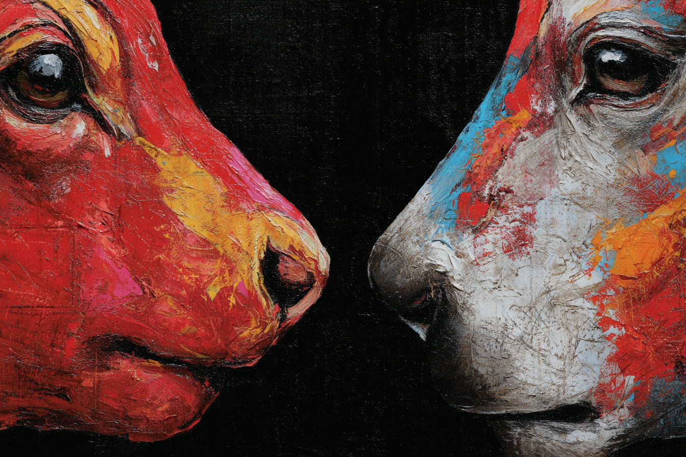 Zwei Hundeköpfe Als Abstraktes Farbenfrohes Kunstwerk Auf Dunklem Hintergrund | Expressionismus | Stilrichtungen