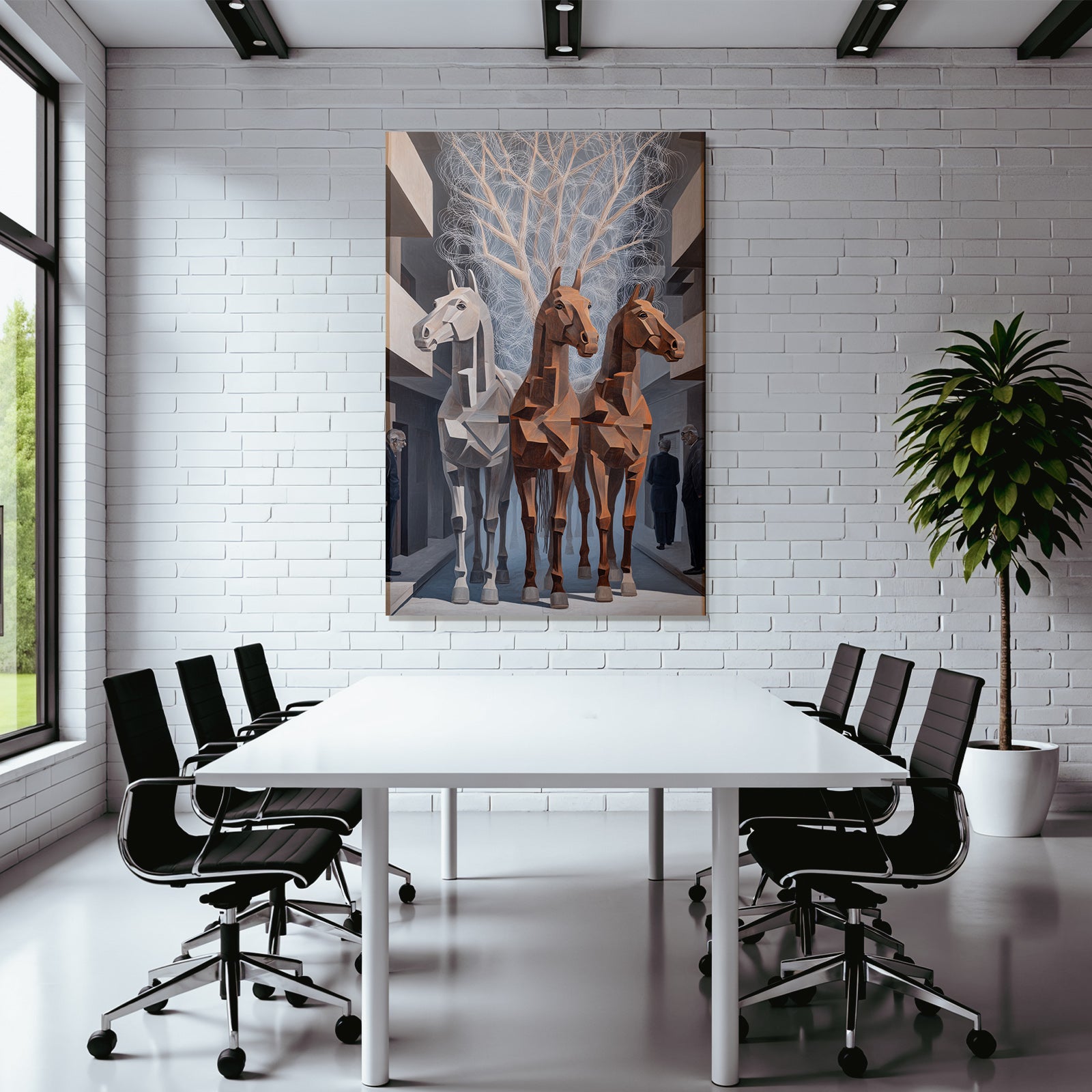 Fantastisch Surreal Drei Pferdeköpfe In Geometrischem Stil Mit Zuschaürn