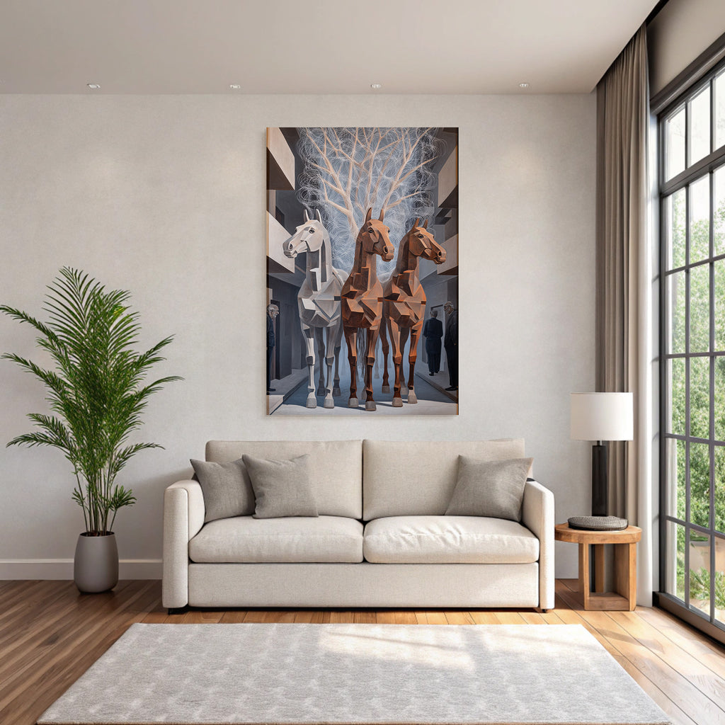 Fantastisch Surreal Drei Pferdeköpfe In Geometrischem Stil Mit Zuschaürn