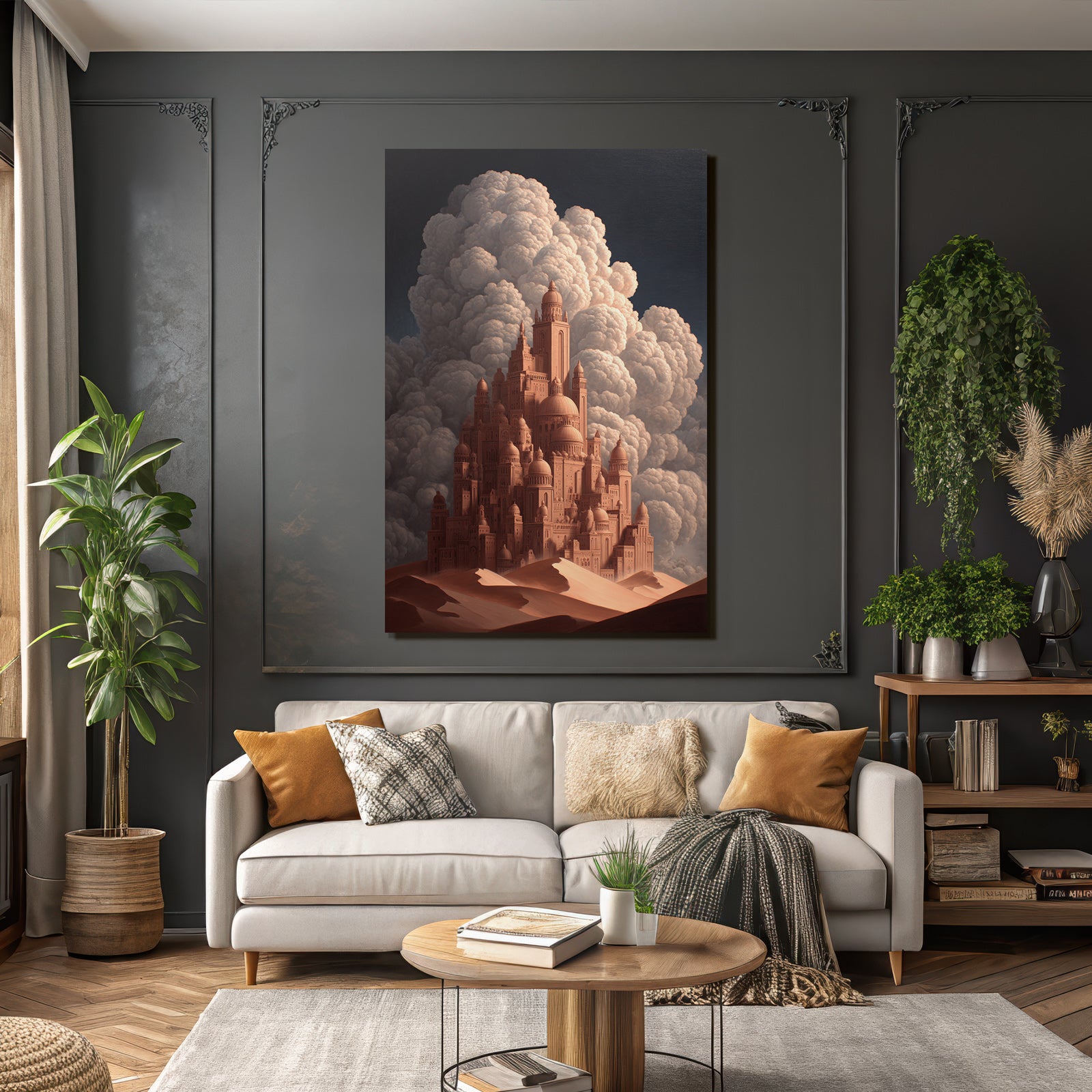 Fantastisch Surreal Fantastische Wüstenstadt Mit Dünen Und Dramatischen Wolken