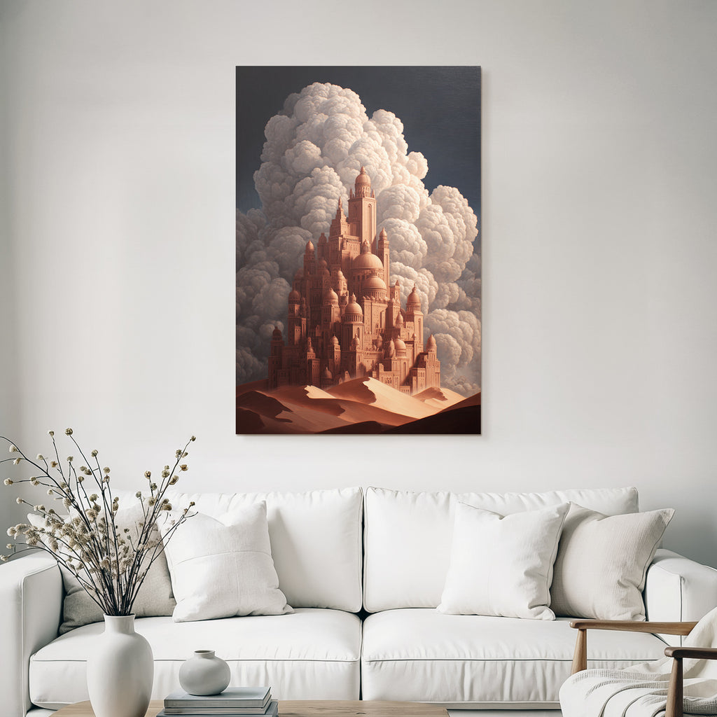 Fantastisch Surreal Fantastische Wüstenstadt Mit Dünen Und Dramatischen Wolken