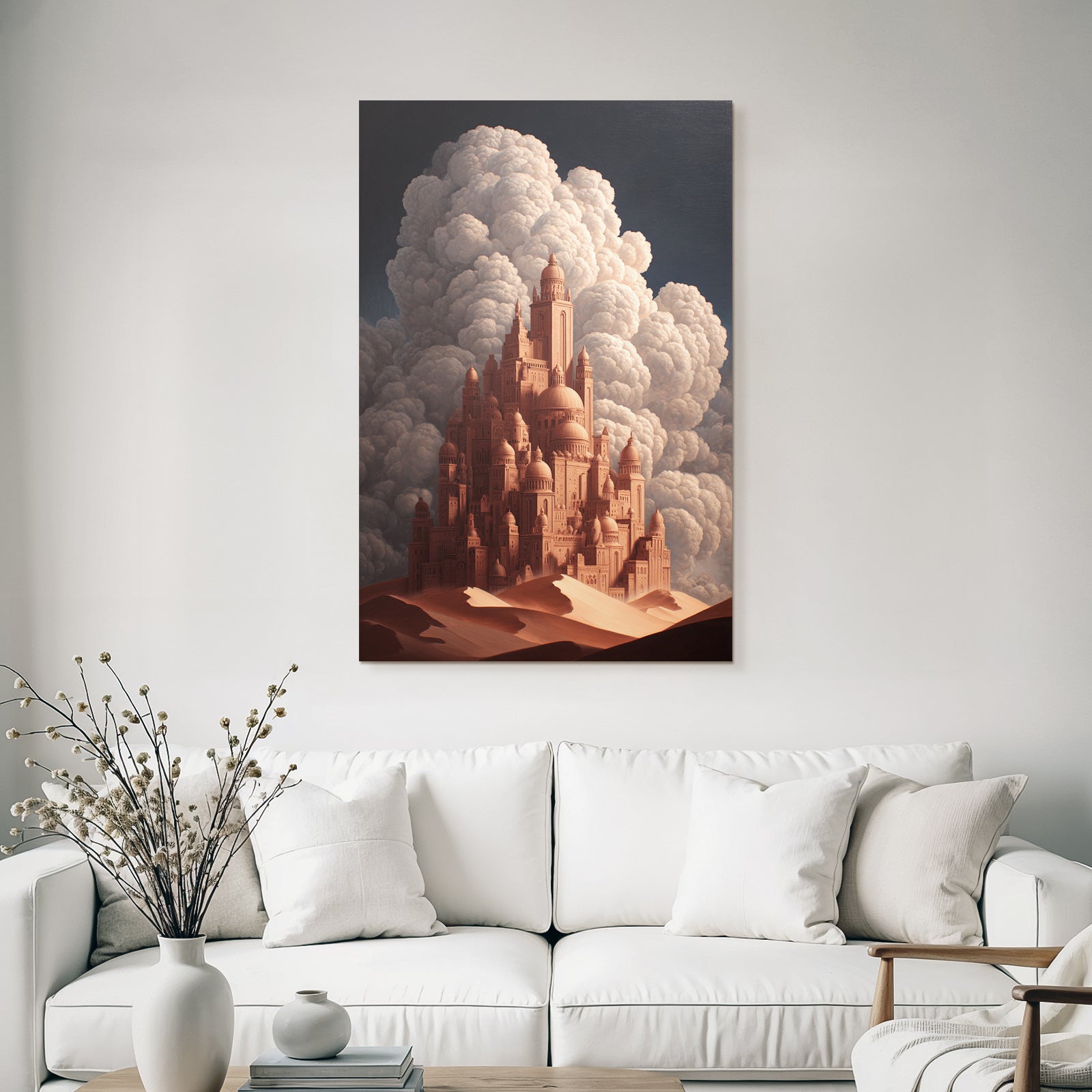 Fantastisch Surreal Fantastische Wüstenstadt Mit Dünen Und Dramatischen Wolken