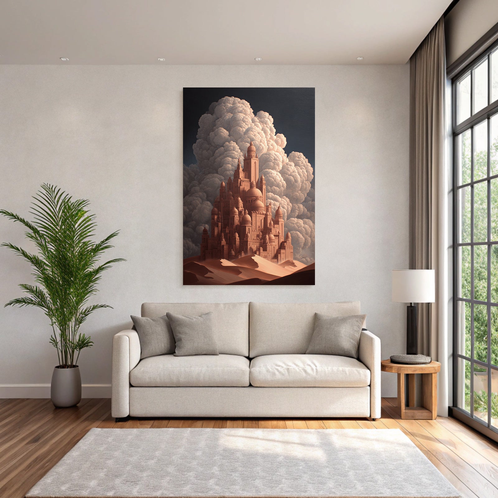 Fantastisch Surreal Fantastische Wüstenstadt Mit Dünen Und Dramatischen Wolken