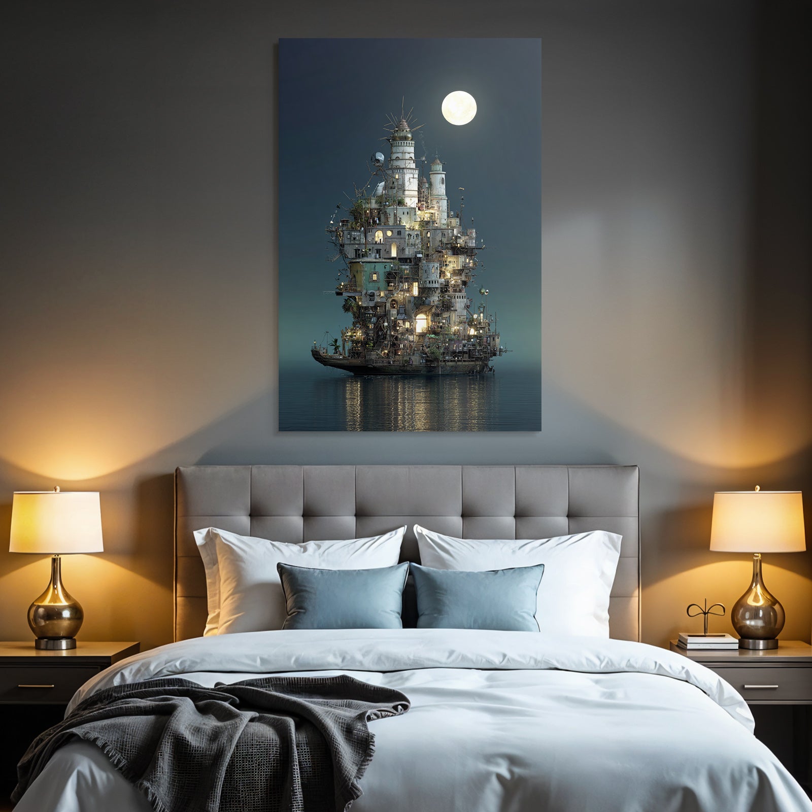 Fantastisch Surreal Fantastischer Turm Auf Flussinsel Unter Dem Vollmond