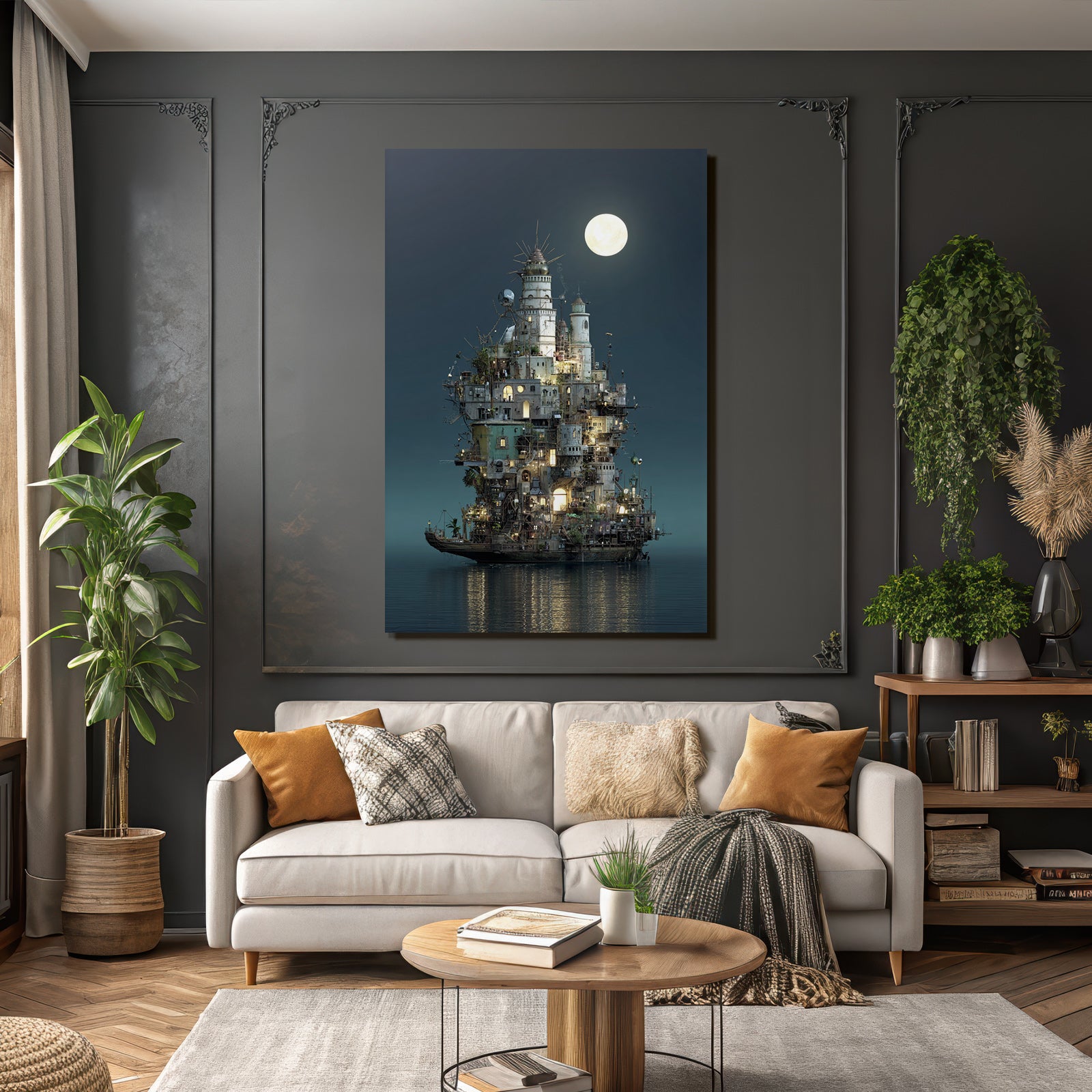 Fantastisch Surreal Fantastischer Turm Auf Flussinsel Unter Dem Vollmond