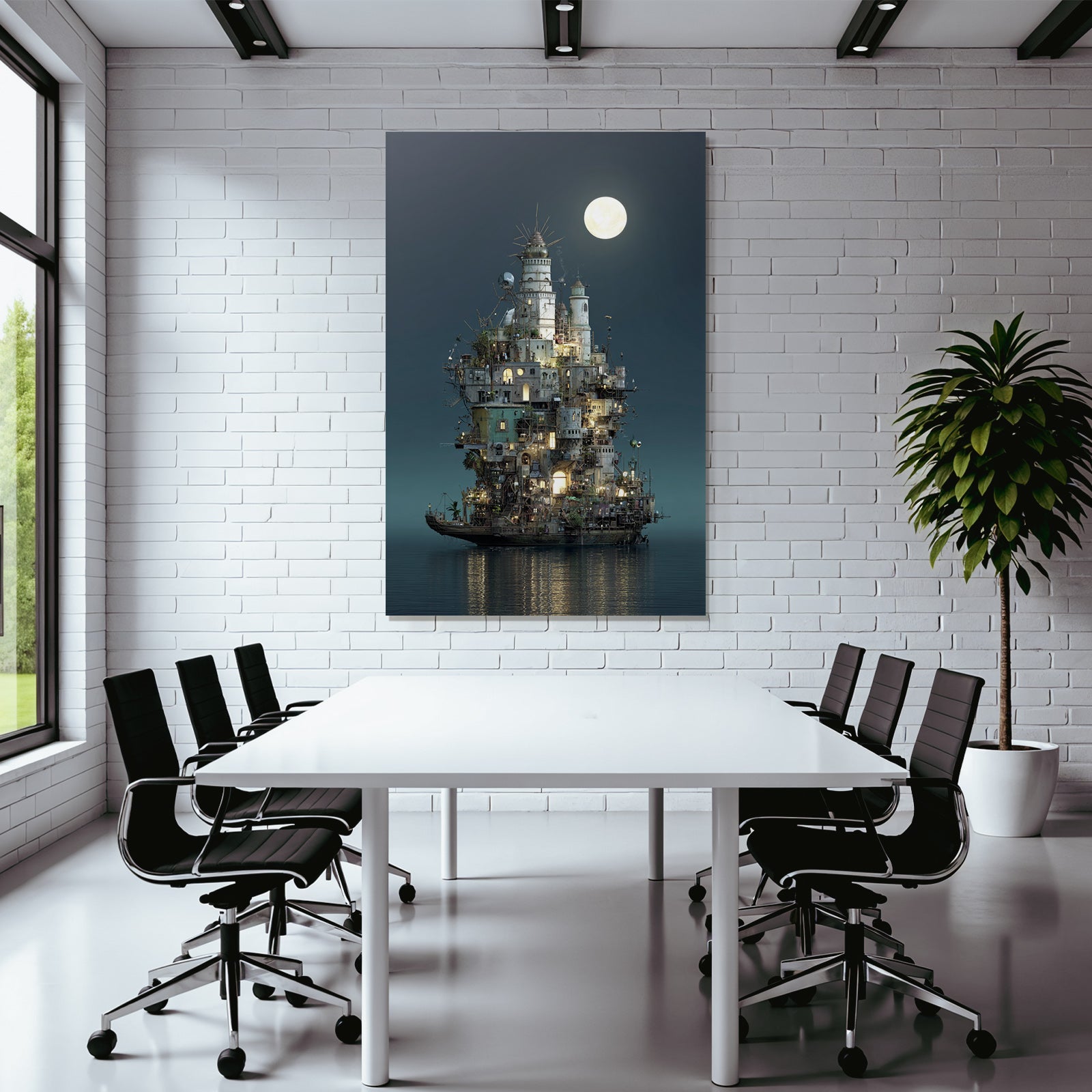 Fantastisch Surreal Fantastischer Turm Auf Flussinsel Unter Dem Vollmond