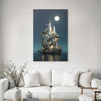 Fantastisch Surreal Fantastischer Turm Auf Flussinsel Unter Dem Vollmond