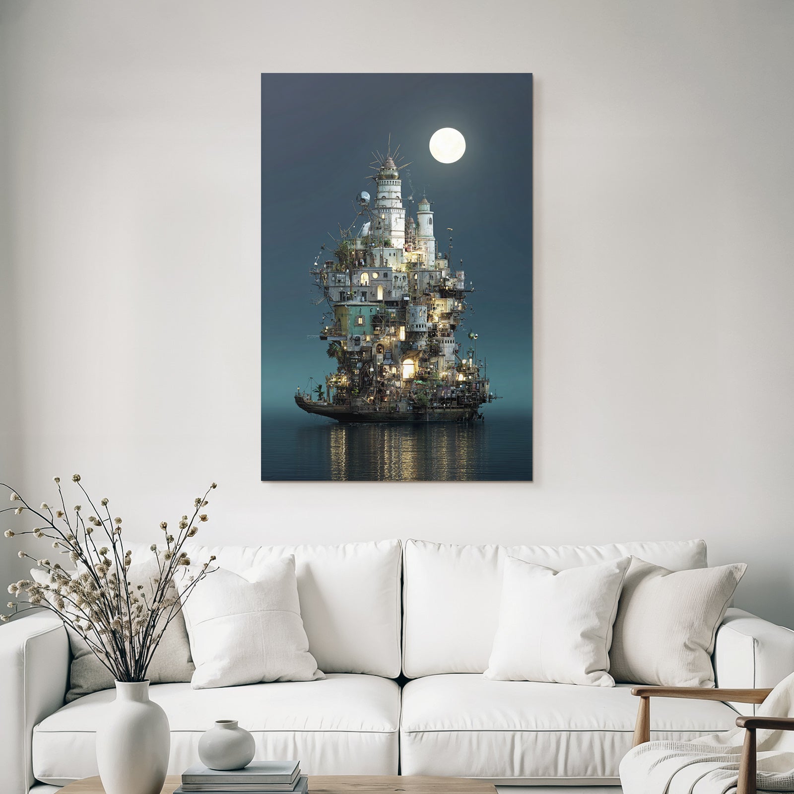 Fantastisch Surreal Fantastischer Turm Auf Flussinsel Unter Dem Vollmond