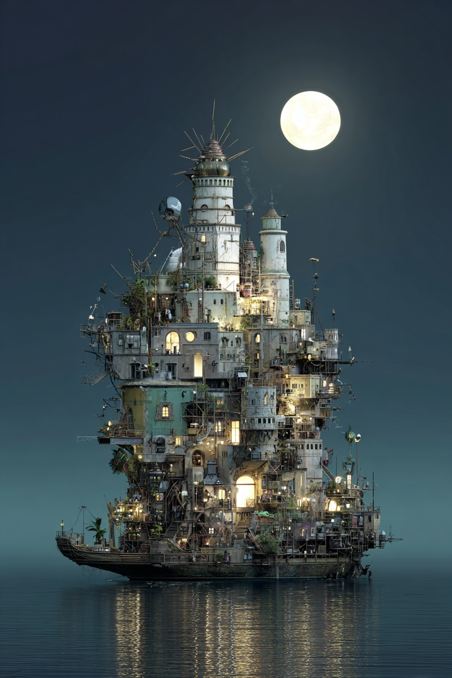 Fantastisch Surreal Fantastischer Turm Auf Flussinsel Unter Dem Vollmond | Fantastisch und Surreal | Stilrichtungen