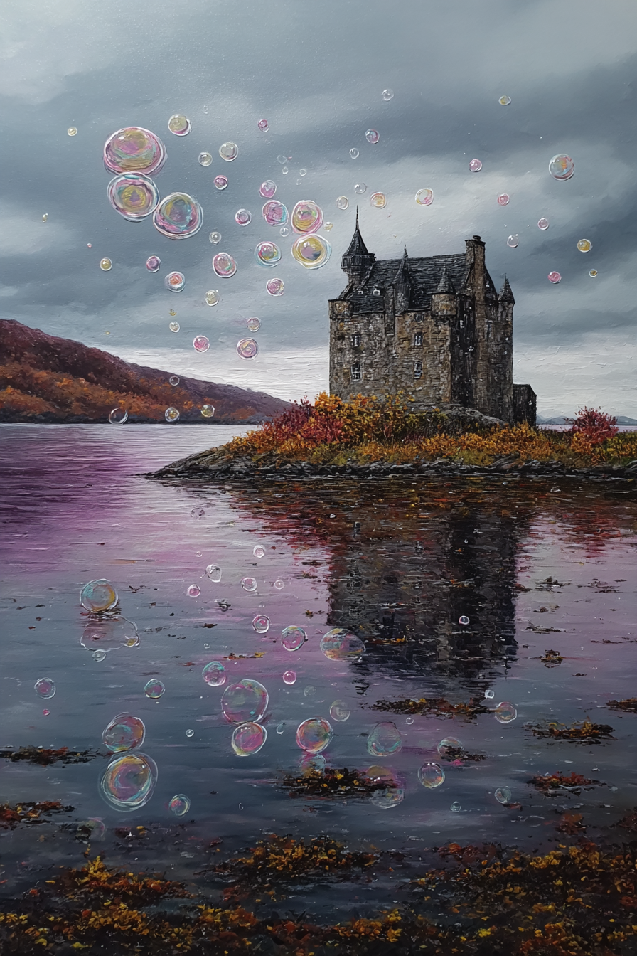 Fantastisch Surreal Herbstliche Schlossinsel Mit Bunten Seifenblasen Im Nebel | Fantastisch und Surreal | Stilrichtungen