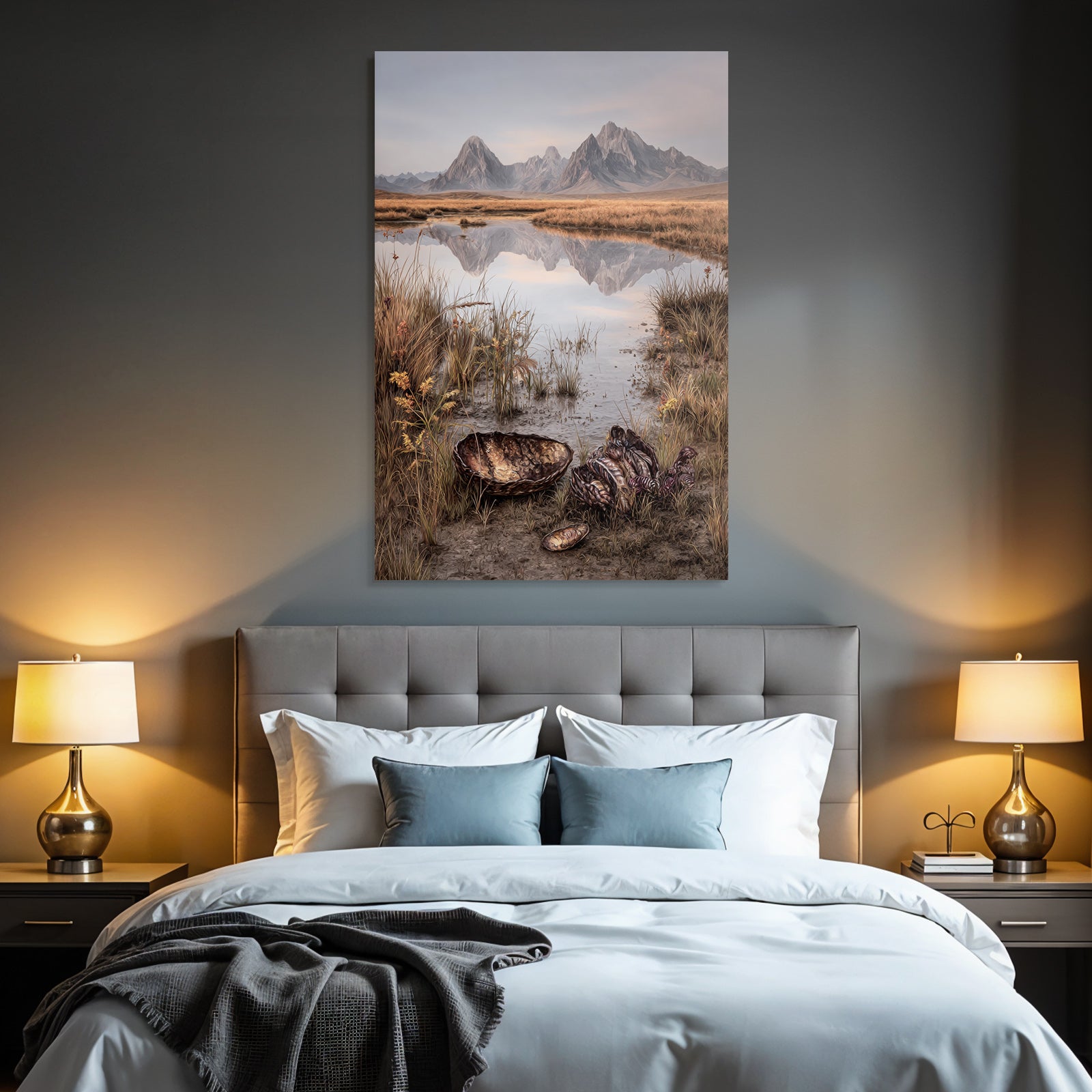 Fantastisch Surreal Idyllische Berglandschaft Mit Muscheln Am Wasser