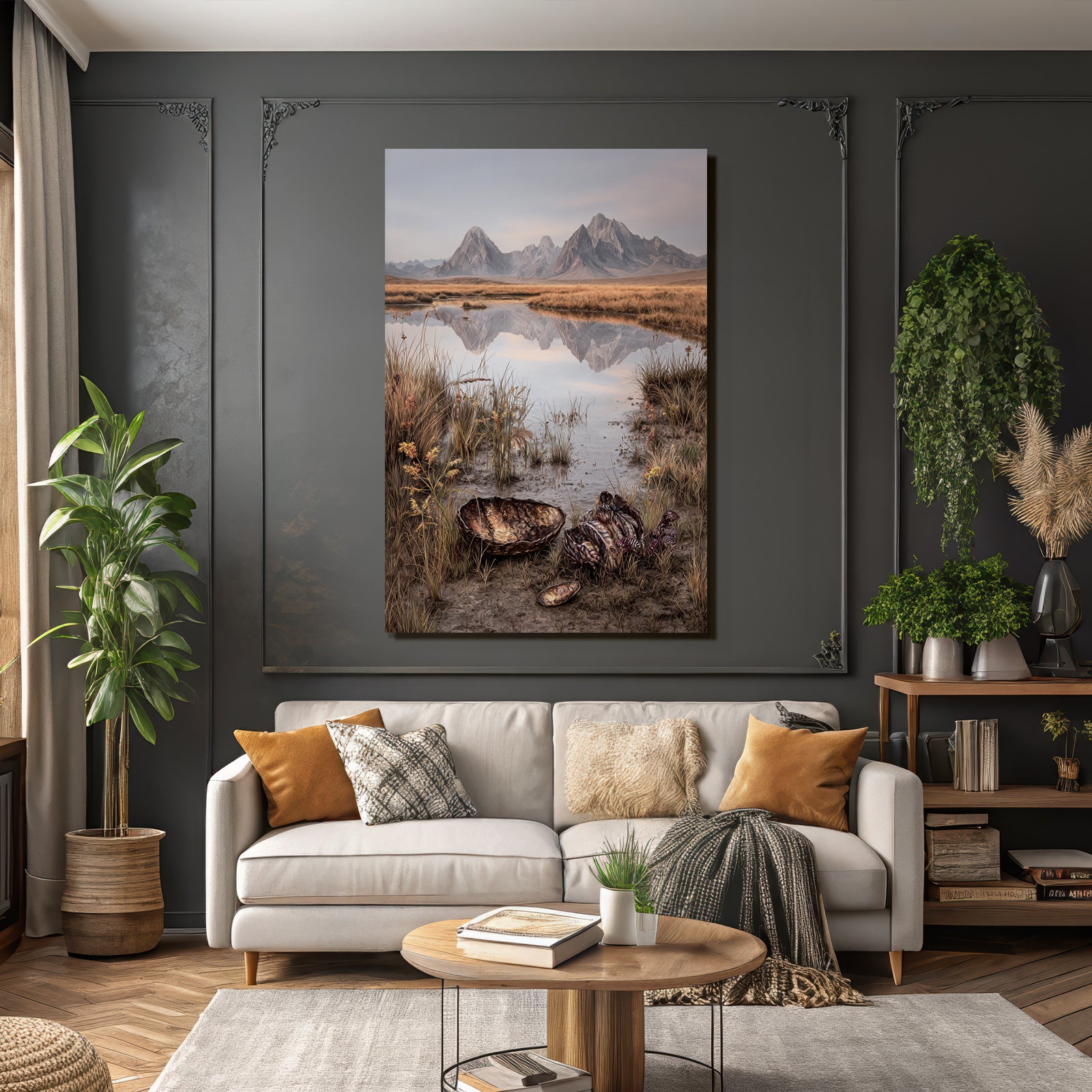 Fantastisch Surreal Idyllische Berglandschaft Mit Muscheln Am Wasser