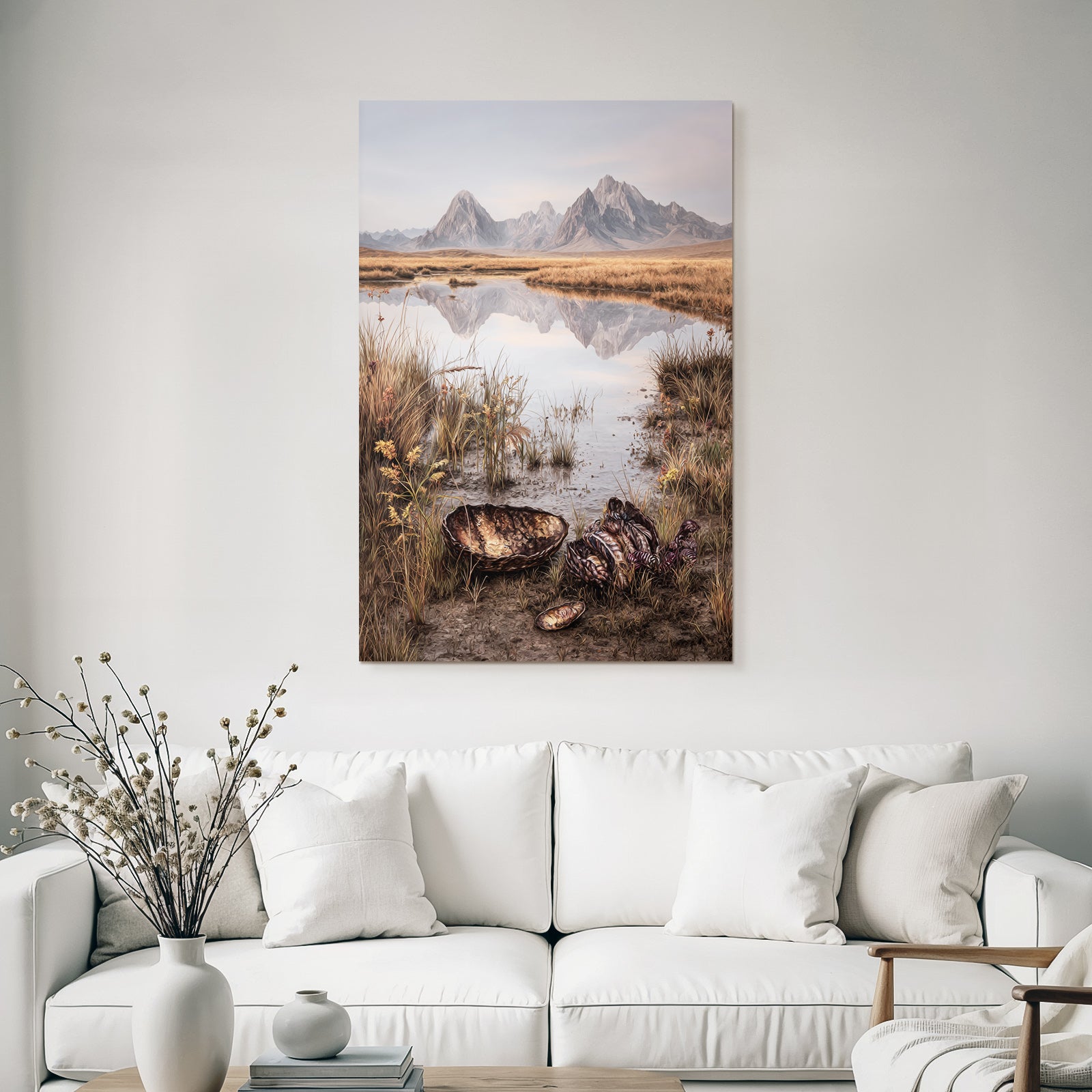 Fantastisch Surreal Idyllische Berglandschaft Mit Muscheln Am Wasser