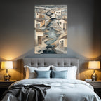 Fantastisch Surreal Idyllische Flusslandschaft Mit Haeusern Und Figuren