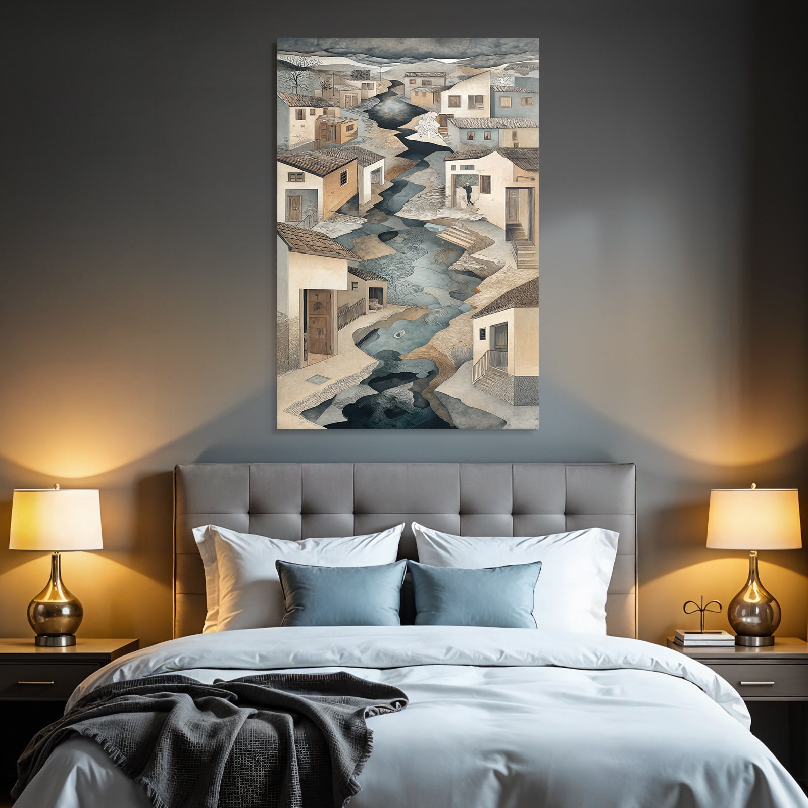 Fantastisch Surreal Idyllische Flusslandschaft Mit Haeusern Und Figuren