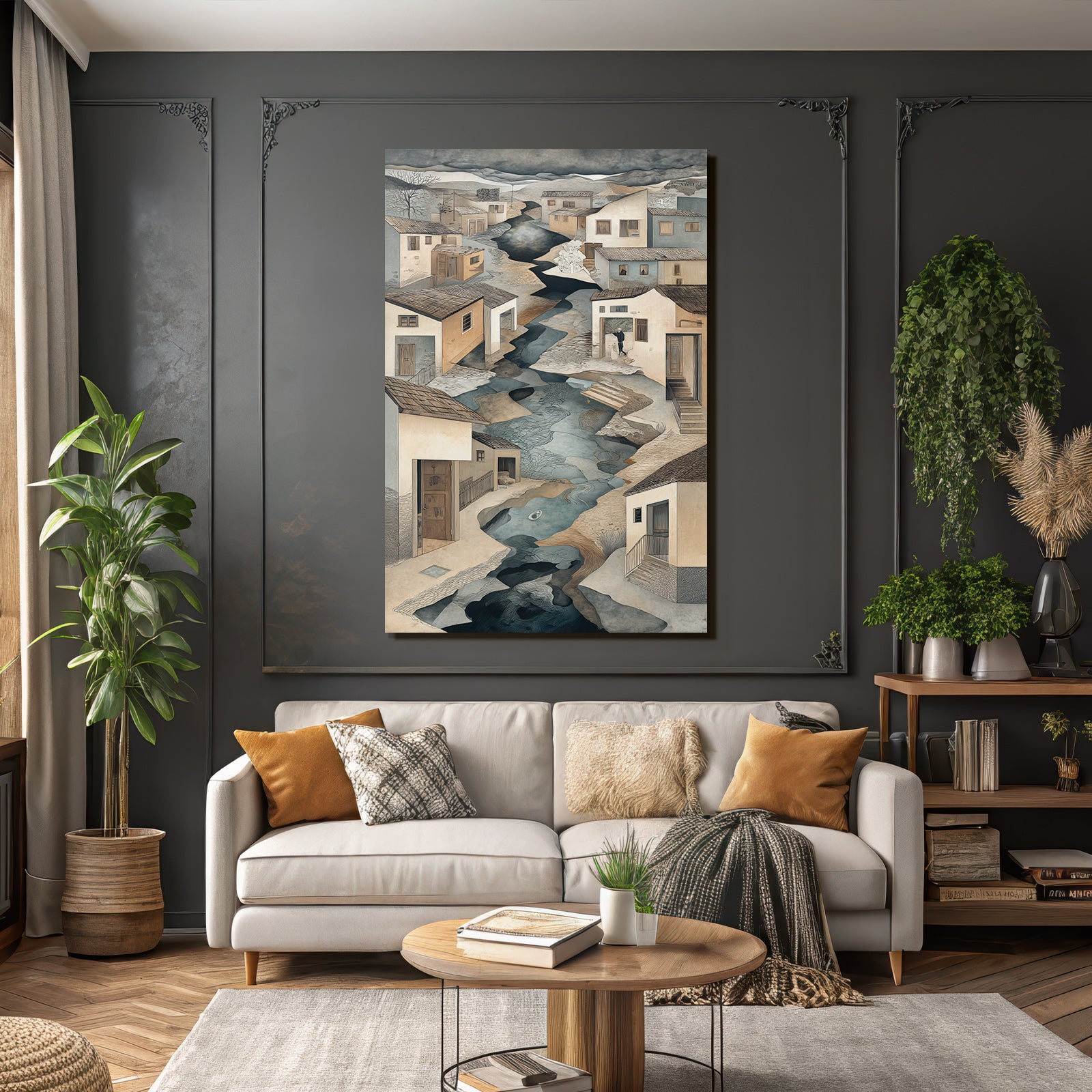 Fantastisch Surreal Idyllische Flusslandschaft Mit Haeusern Und Figuren