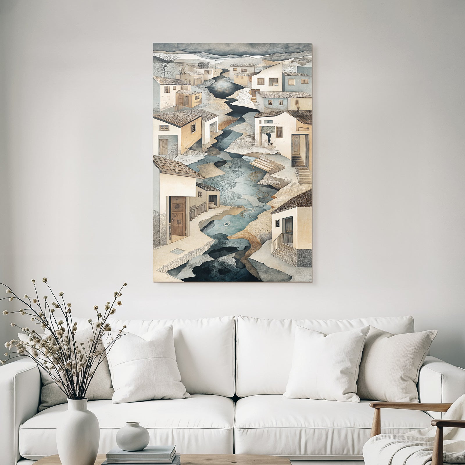 Fantastisch Surreal Idyllische Flusslandschaft Mit Haeusern Und Figuren