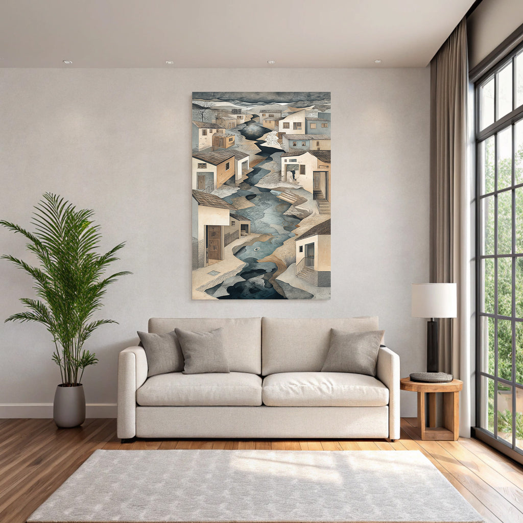 Fantastisch Surreal Idyllische Flusslandschaft Mit Haeusern Und Figuren