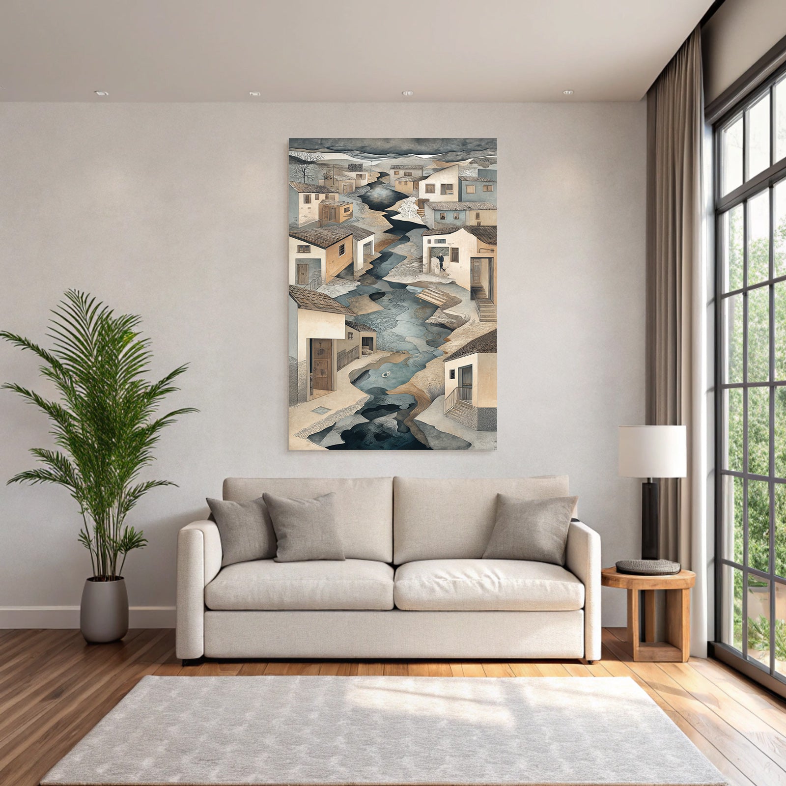 Fantastisch Surreal Idyllische Flusslandschaft Mit Haeusern Und Figuren