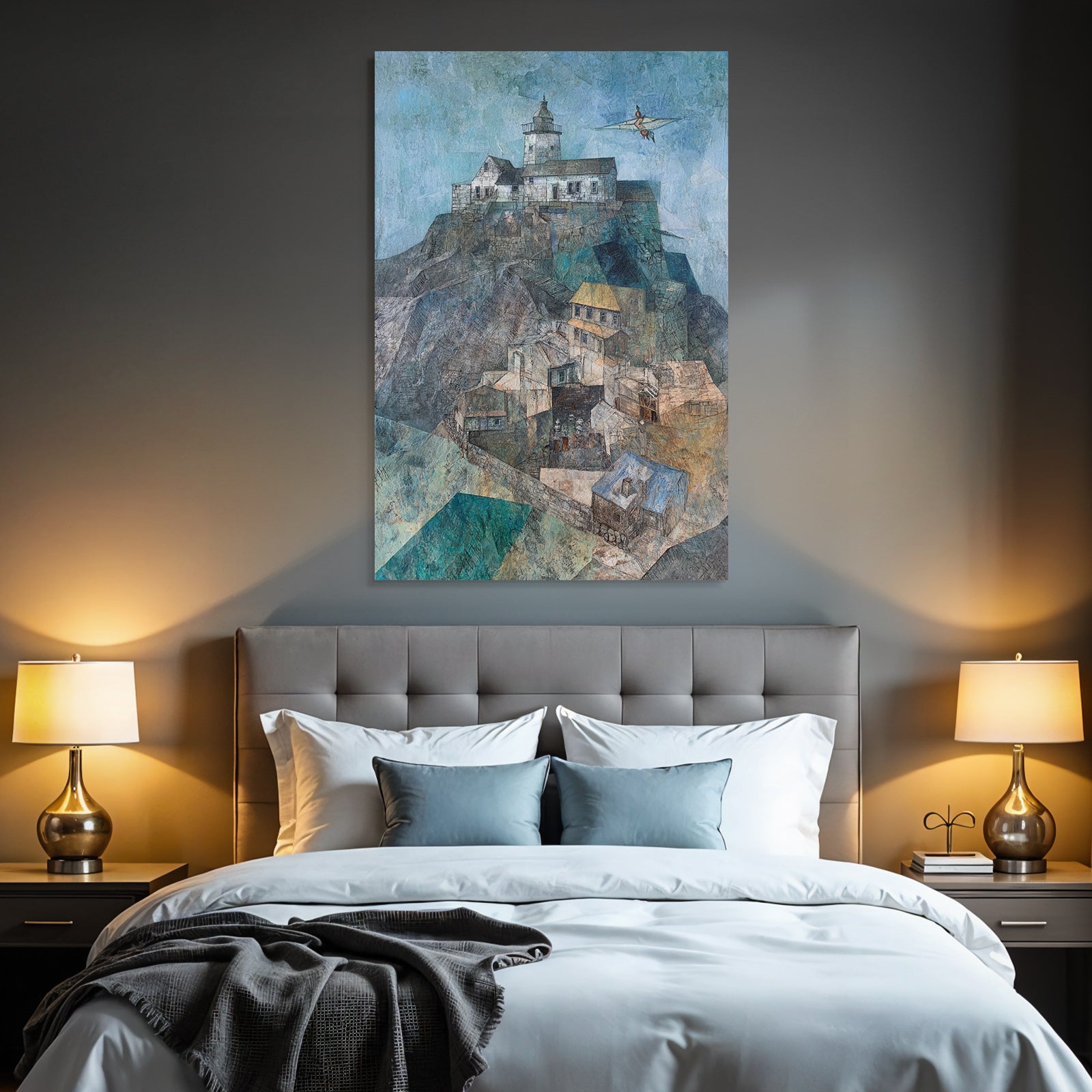 Fantastisch Surreal Küstenlandschaft Mit Leuchtturm Und Dorf Am Meer