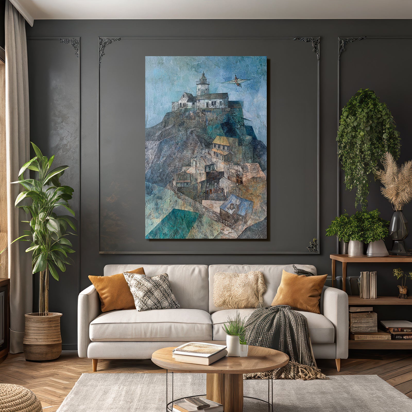 Fantastisch Surreal Küstenlandschaft Mit Leuchtturm Und Dorf Am Meer