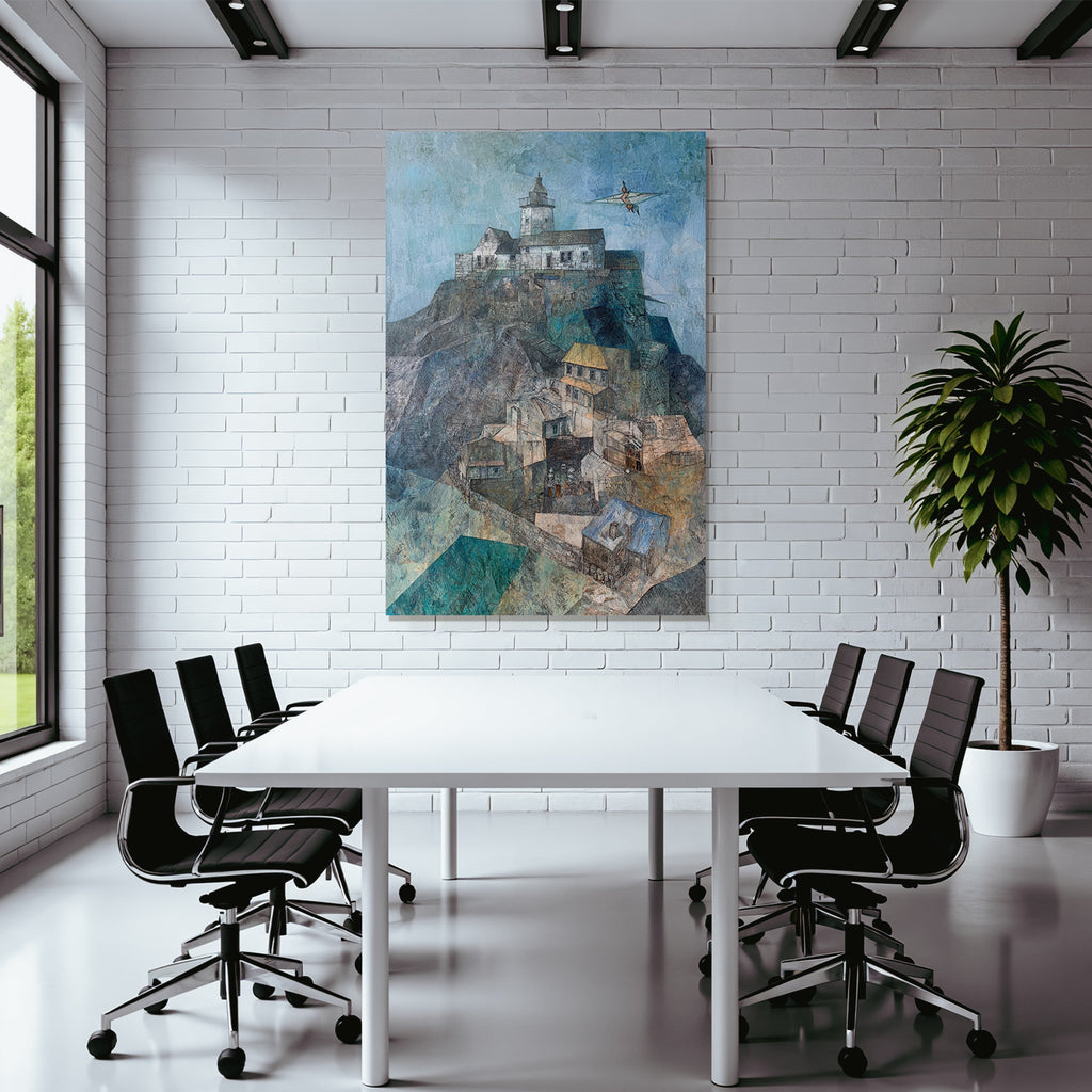 Fantastisch Surreal Küstenlandschaft Mit Leuchtturm Und Dorf Am Meer