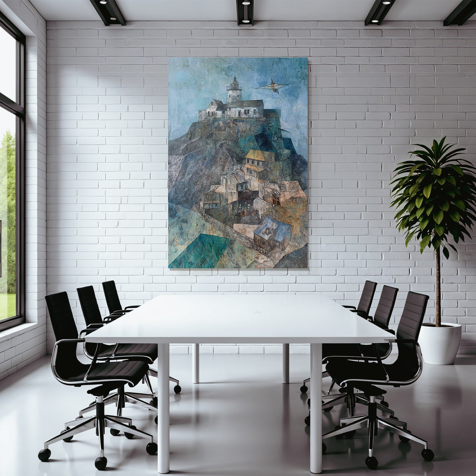 Fantastisch Surreal Küstenlandschaft Mit Leuchtturm Und Dorf Am Meer