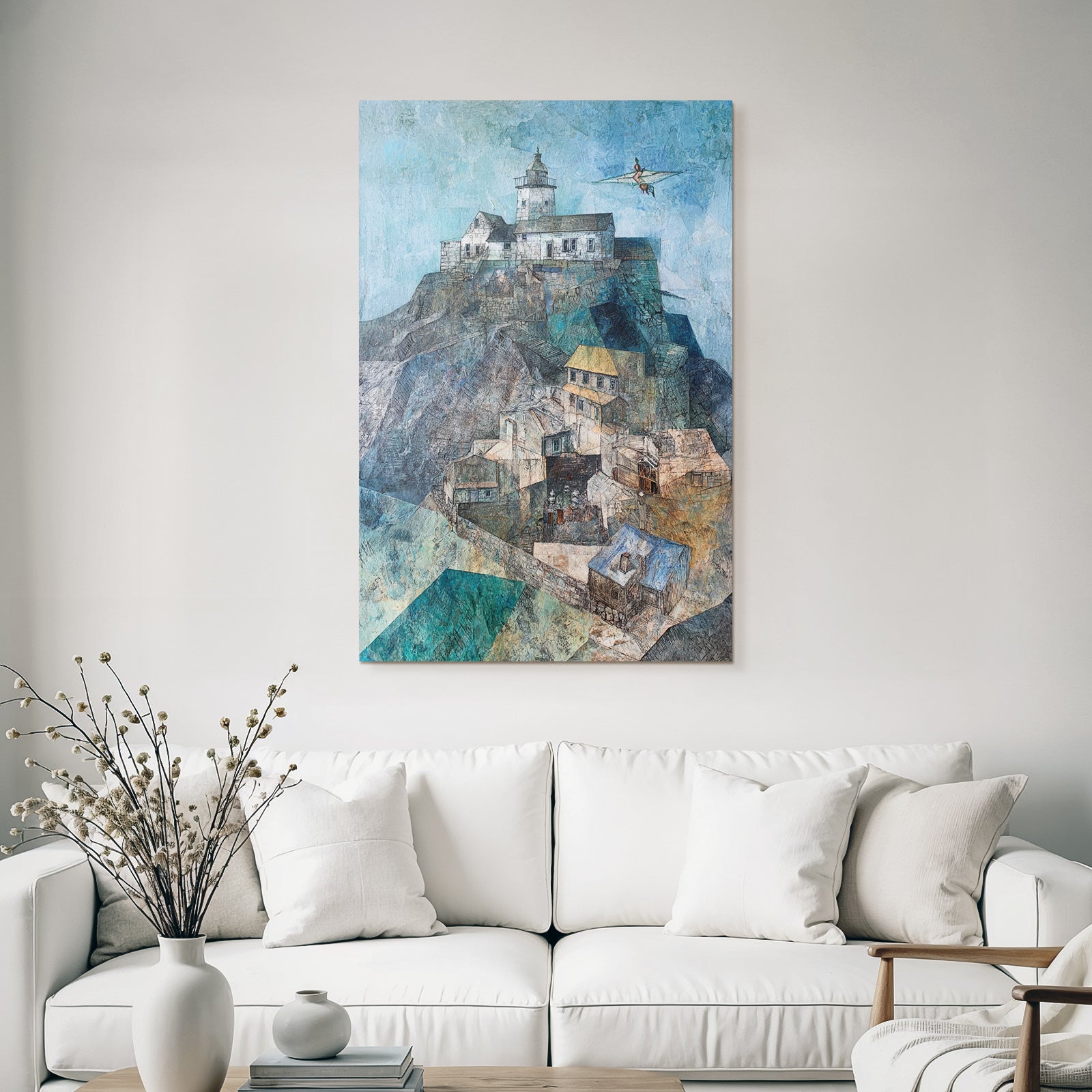 Fantastisch Surreal Küstenlandschaft Mit Leuchtturm Und Dorf Am Meer