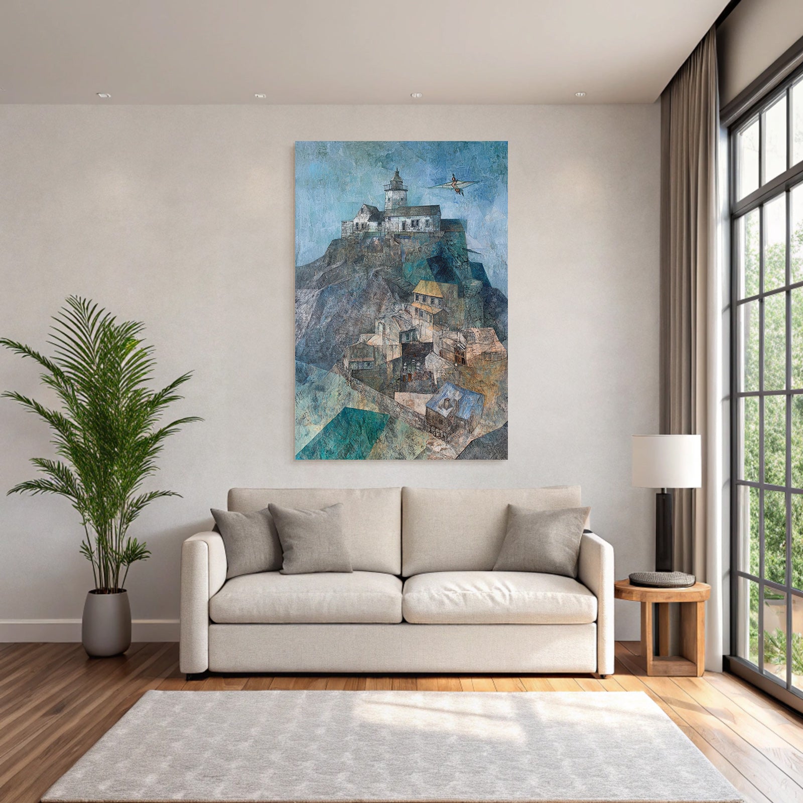 Fantastisch Surreal Küstenlandschaft Mit Leuchtturm Und Dorf Am Meer