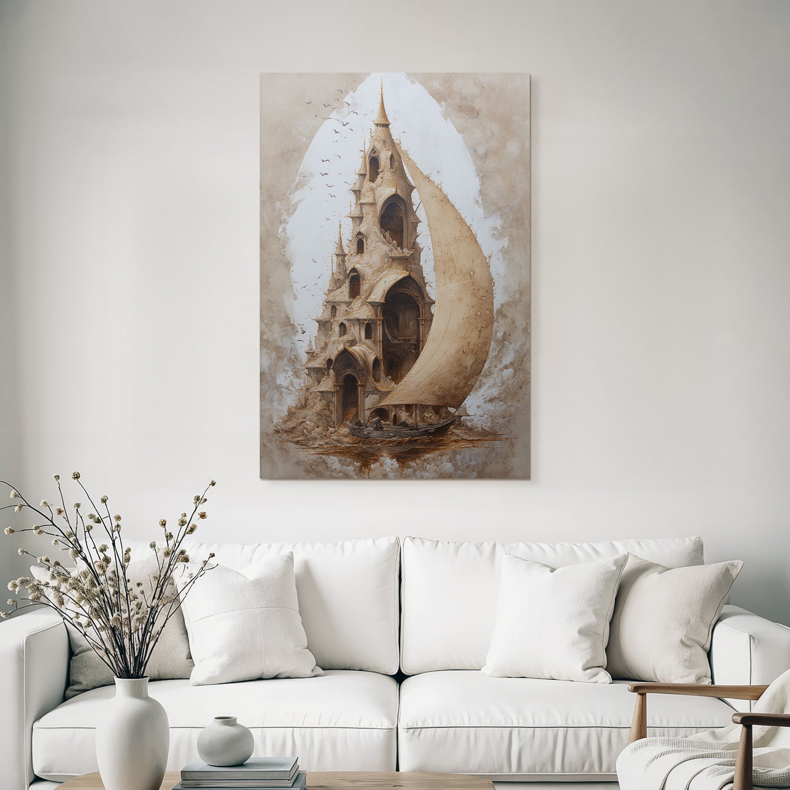 Fantastisch Surreal Mystische Burg Im Wasser Mit Segelboot