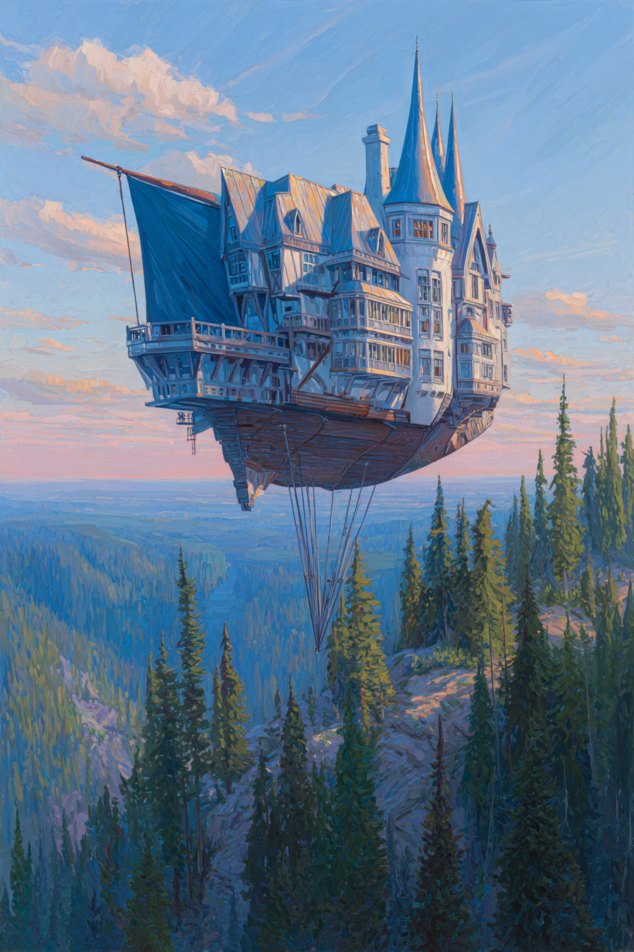 Fantastisch Surreal Schwebendes Fantastisches Schloss Über Dem Bergwald | Fantastisch und Surreal | Stilrichtungen