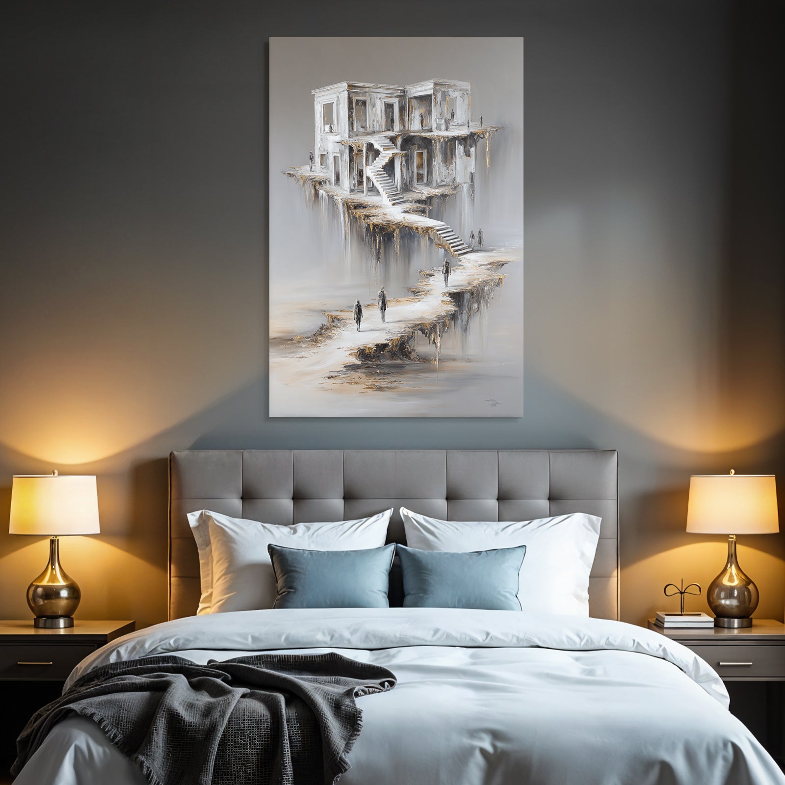 Fantastisch Surreal Schwebendes Gebaeude Mit Stufen Und Figuren Im Traum