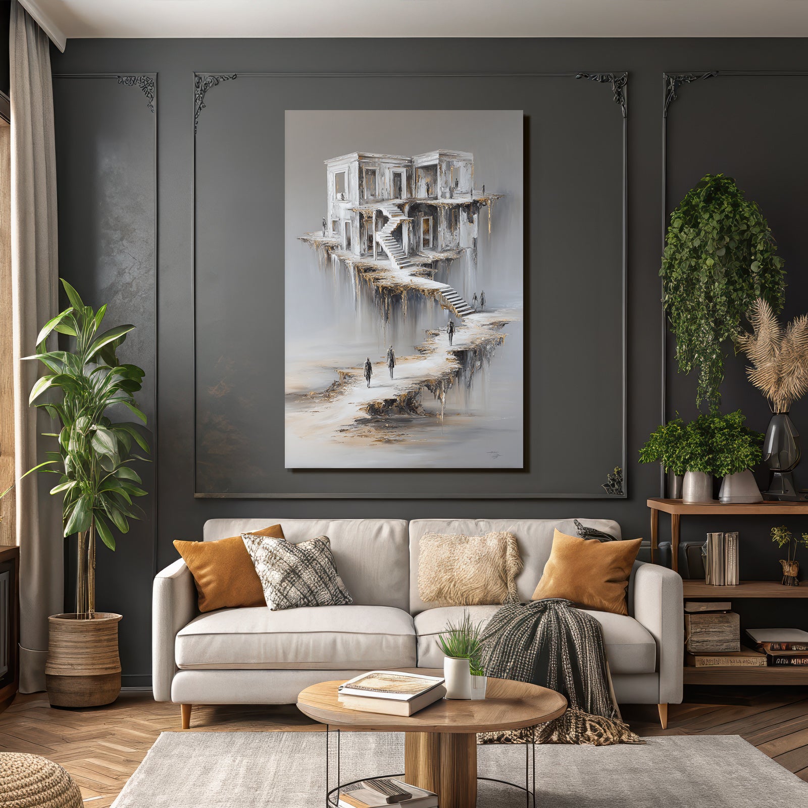 Fantastisch Surreal Schwebendes Gebaeude Mit Stufen Und Figuren Im Traum