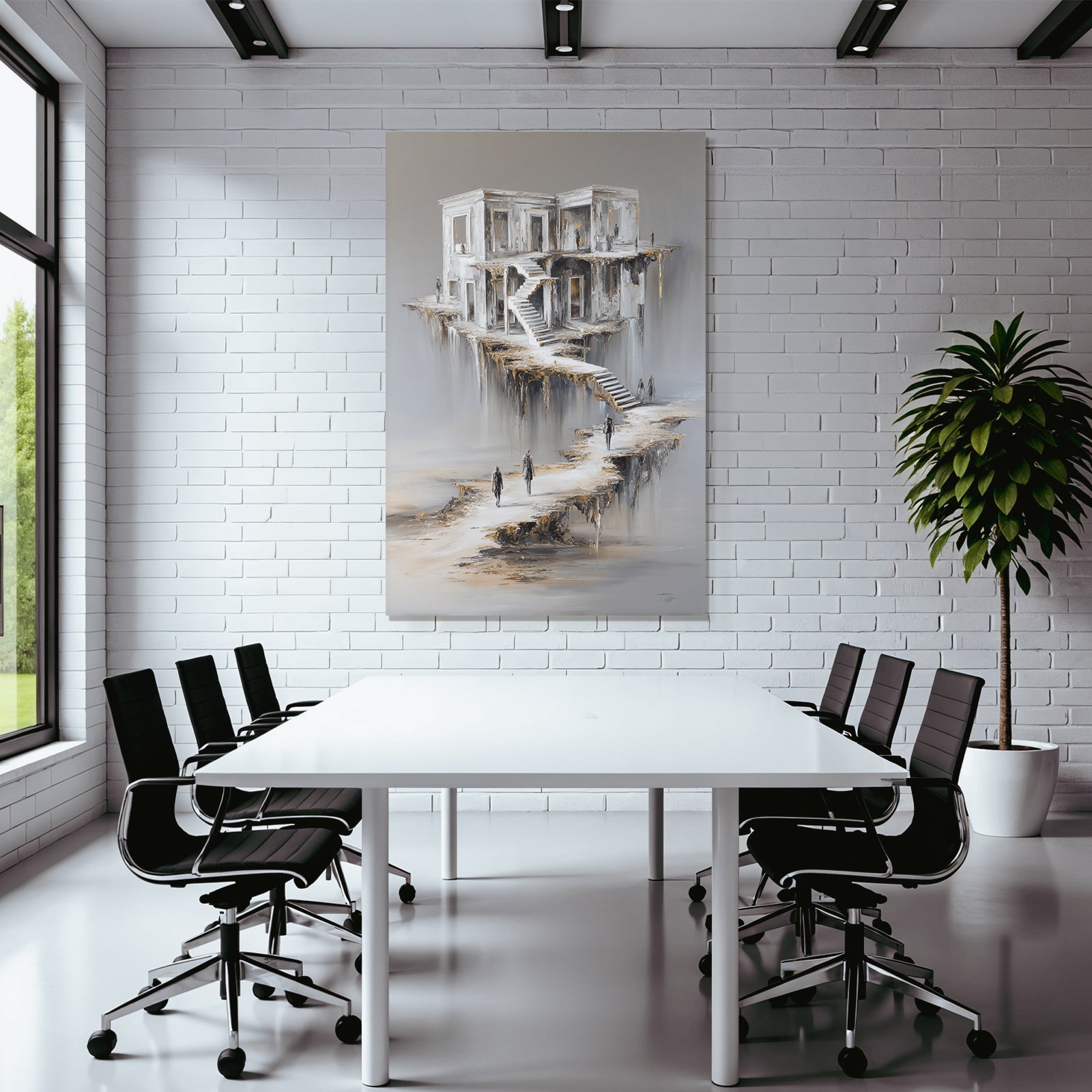 Fantastisch Surreal Schwebendes Gebaeude Mit Stufen Und Figuren Im Traum