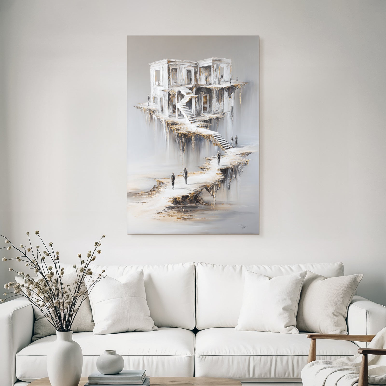 Fantastisch Surreal Schwebendes Gebaeude Mit Stufen Und Figuren Im Traum