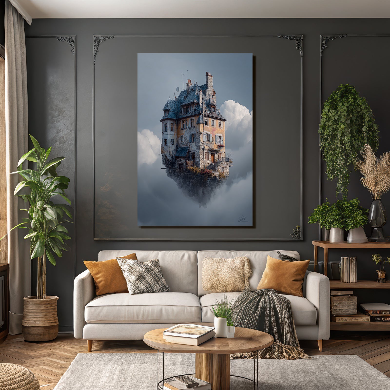 Fantastisch Surreal Schwebendes Verschnörkeltes Haus In Den Wolken
