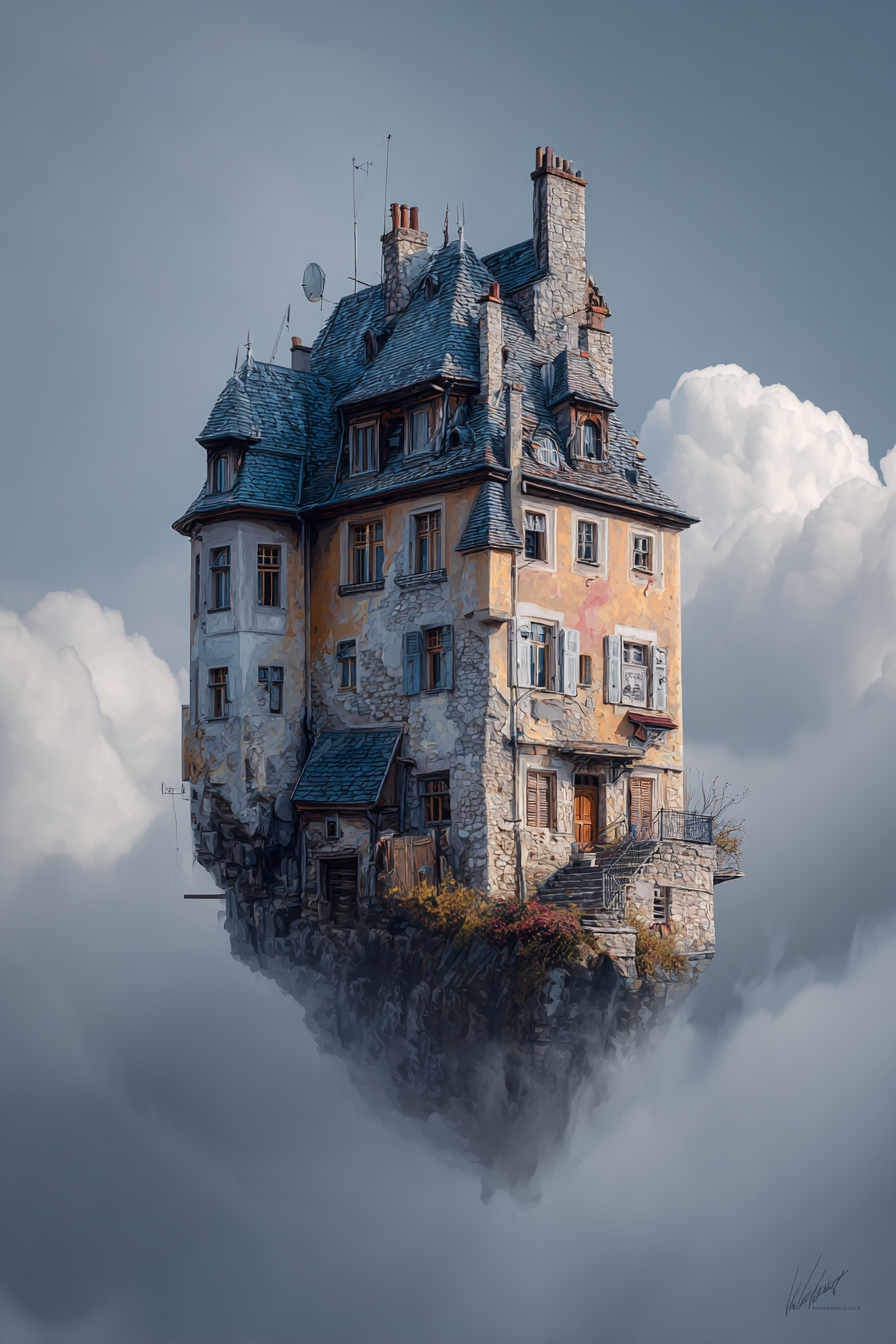 Fantastisch Surreal Schwebendes Verschnörkeltes Haus In Den Wolken | Fantastisch und Surreal | Stilrichtungen