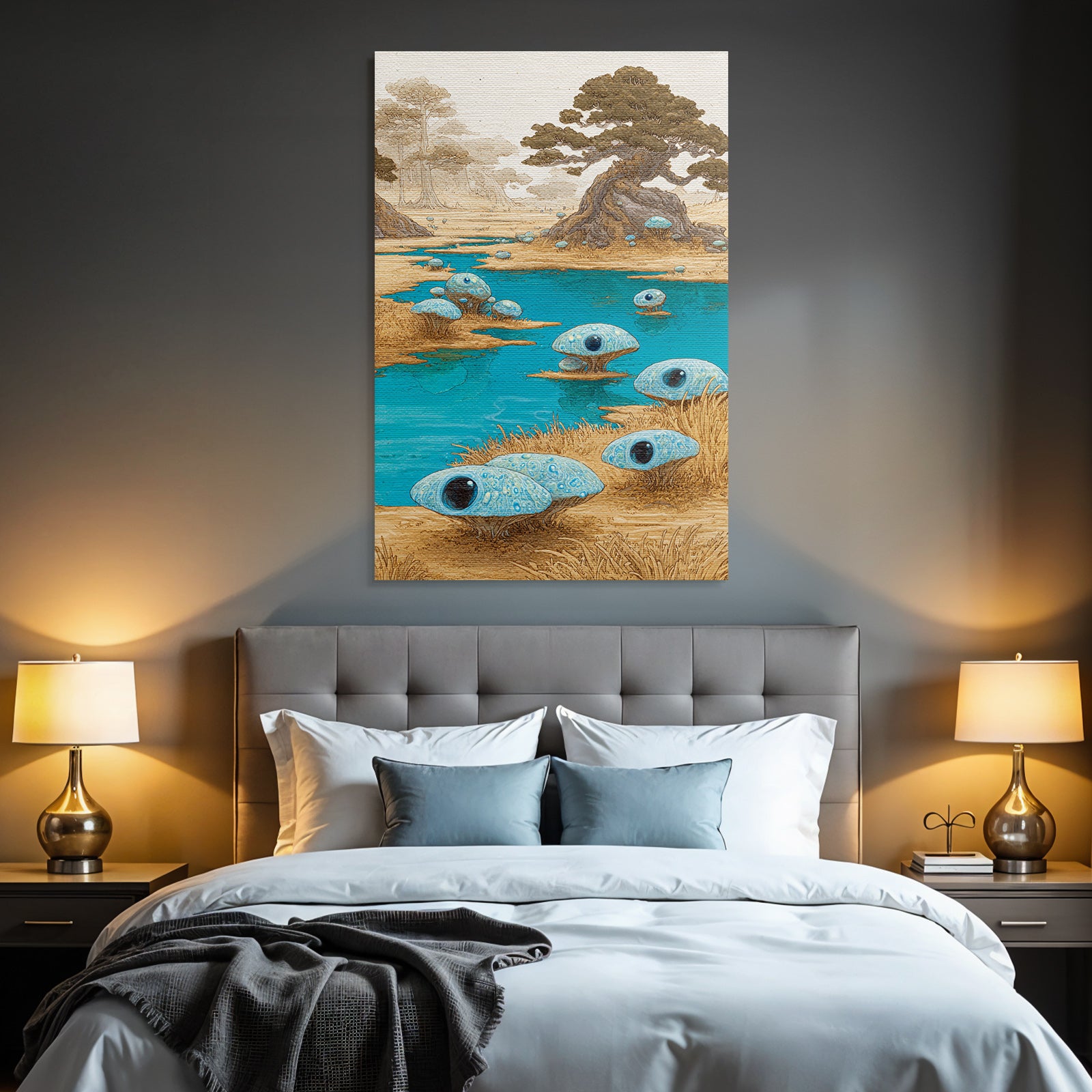 Fantastisch Surreal Surreale Blaupilzwesen Mit Grossen Schwarzen Augen Am Wasser